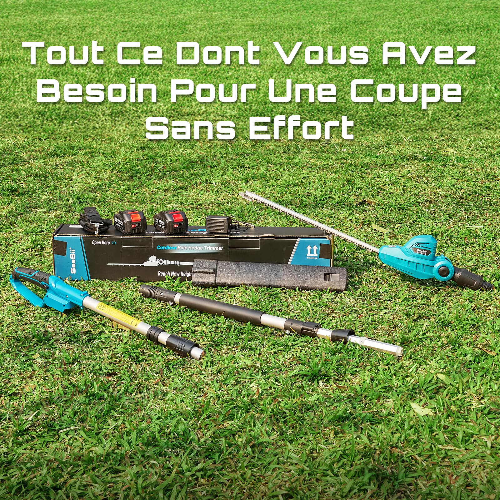 SEESII Taille Haie Electrique Telescopique 2,6 m, Taille-Haies Électriques avec Lame Double Action 40 cm, 2 * Batteries 4,0Ah, Tête Pivotante 135° Réglable, pour Haies Hautes et Arbustes Denses