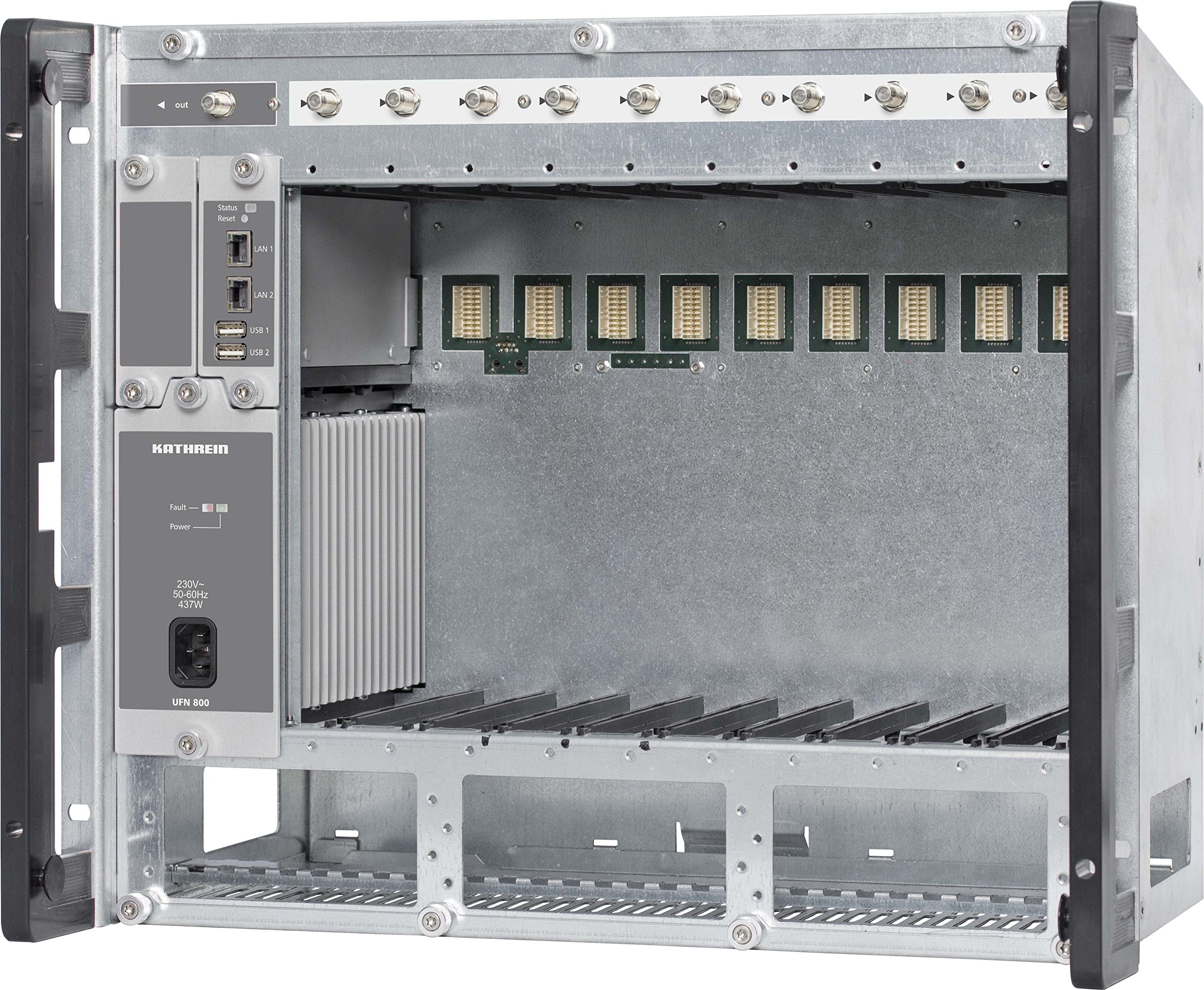 Kathrein UFG 810, 10-Slotlu Ana kasa, 19" Rack tipi-9HU, 220Vac/50Hz PSU/Fan Unit, Web-Management&Ethernet Controller, RF-out Combiner; rF-out Amp.(opsiyonel)