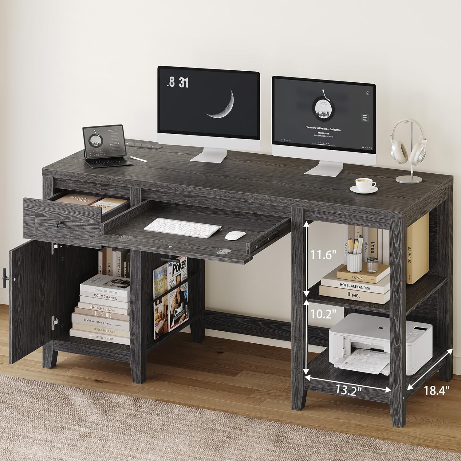 58" Office Desk with Drawers and Charge Station, Farmhouse Wooden Home Office Desk with Foldable Keyboard Tray, 3 Magazine Rack and Storage Cabinet and for Home Office and Study, Black