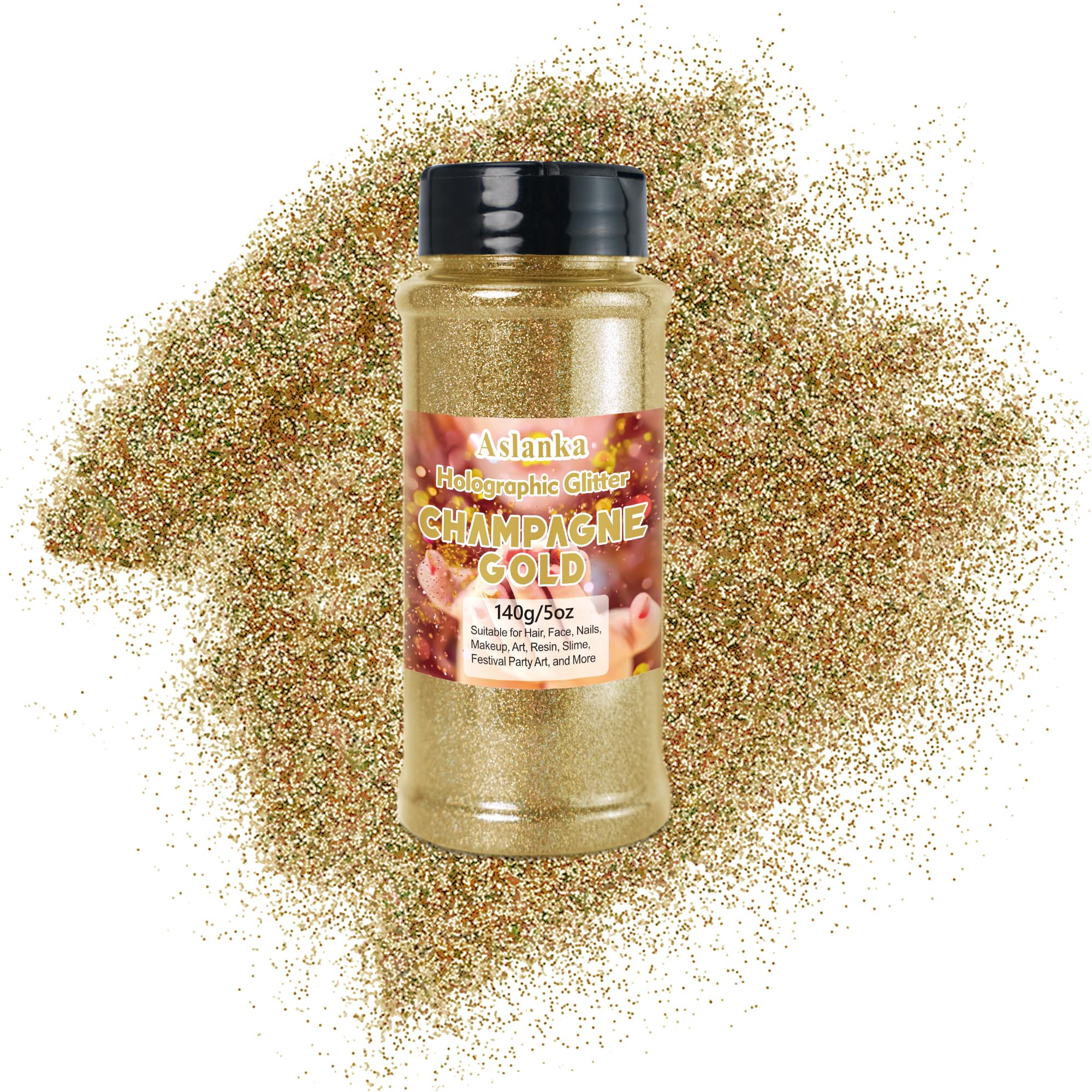 Aslanka 140 g de poudre pailletée holographique - Doré champagne - Poudre pailletée multicolore arc-en-ciel - Manucure, résine époxy, fard à paupières, visage, bricolage, bricolage