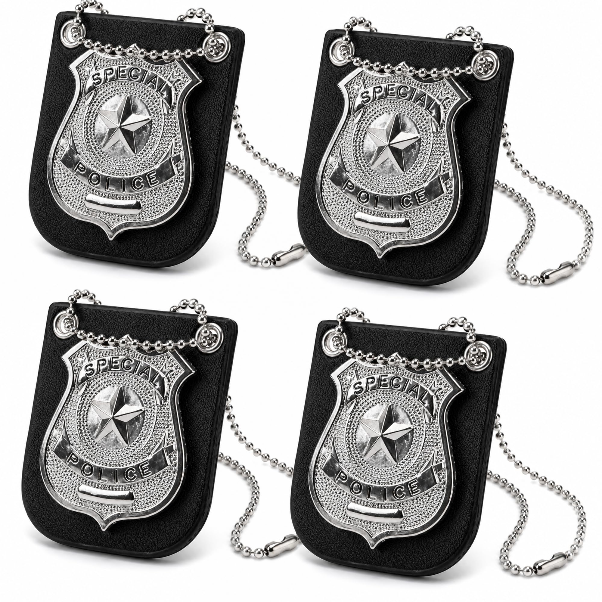 Adults Police Badge Necklace with Chain – Police Officer Badge SWAT Costume Accessory Fancy Dress For Detective Halloween Cosplay, 4 PK