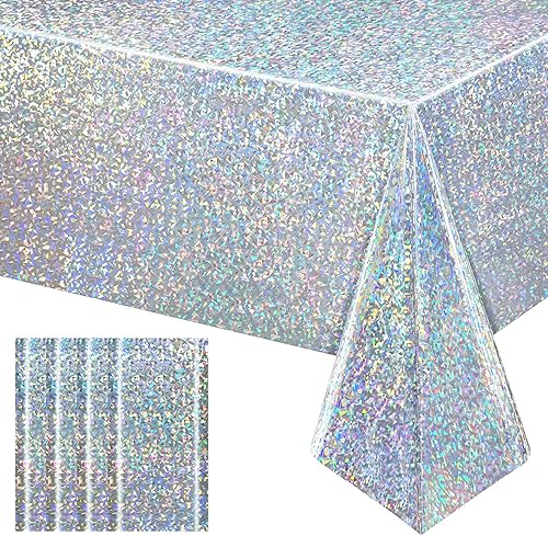 Miniatura 13 de Paquete de 2 manteles iridiscentes plateados, manteles rectangulares de plástico desechables brillantes de 54 x 108 pulgadas, mantel holográfico de