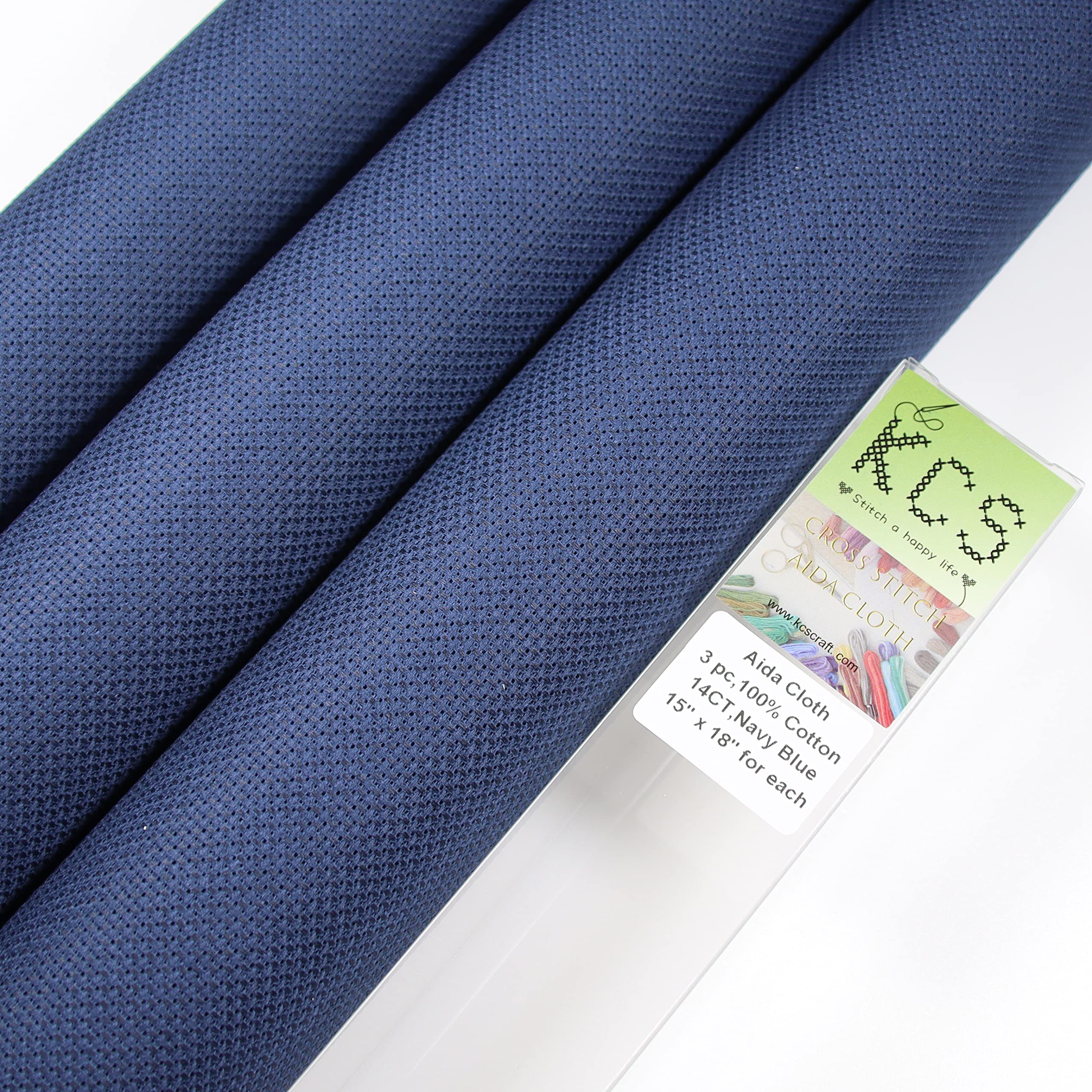 KCS 3 pc of 15" x 18" Counted Cross Stitch Cotton Aida Cloth Needlework Rolled Fabric Box,14CT,Navy Blue