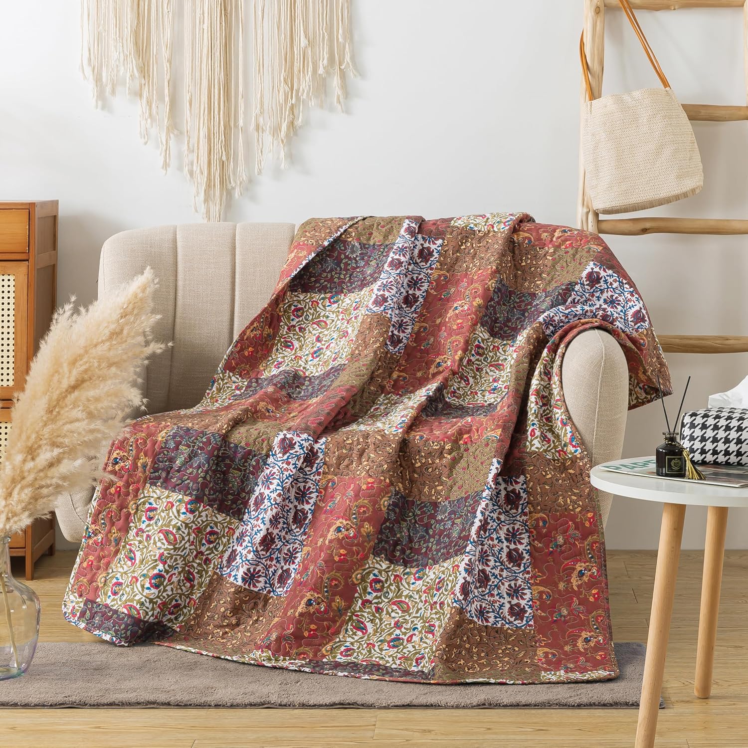 SLPR Red Riches 50" x 60" Fall Quilted Throw Blanket, Brown and Rust Floral Pattern Throw Quilt for Couch and Bed, Autumn Red Toned Patchwork Lap Quilt - Image 3