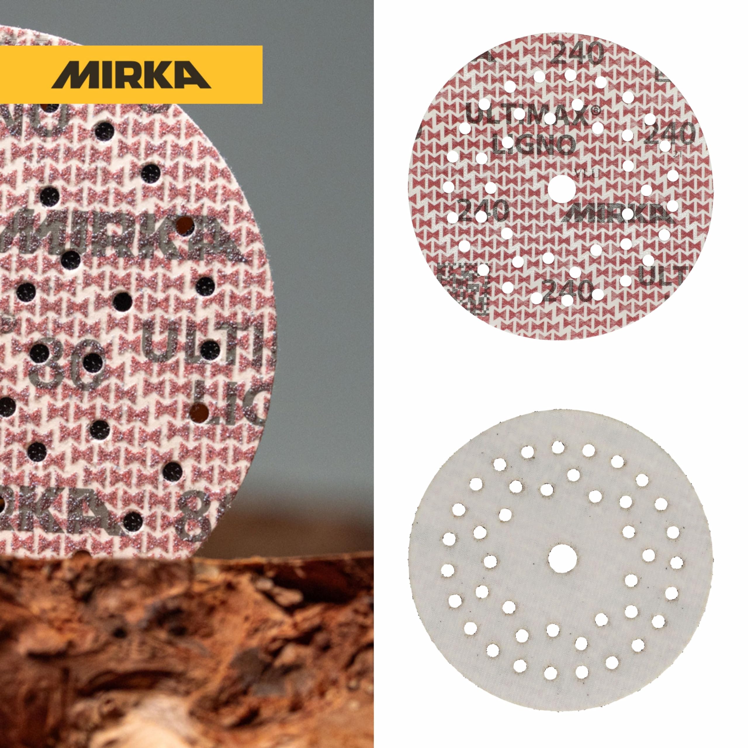 Mirka tarcze szlifierskie Ultimax Ligno 125 mm rzep Multifit | Multiperforowane tarcze szlifierskie do drewna z ziarnem 240 kompatybilne z szlifierkami mimośrodowymi i oscylacyjnymi