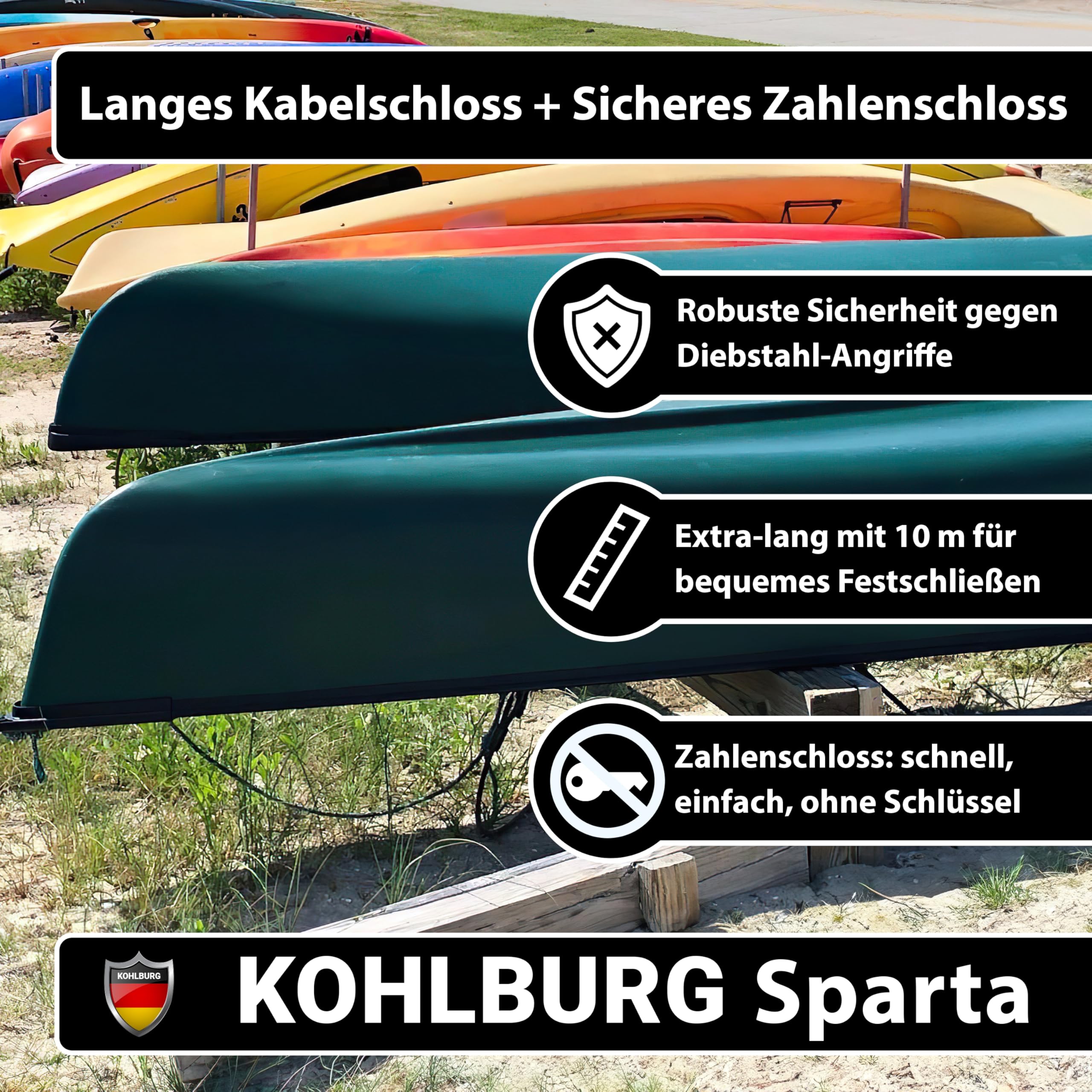 KOHLBURG 10 Meter Kabelschloss Zahlenschloss - 1000cm Stahlseil ummantelt mit Klettverschlüssen & Zahlen Schloss - für mehrere Fahrräder Boot Terasse Gartenmöbel - Stahlkabel Fahrradschloss 10m lang