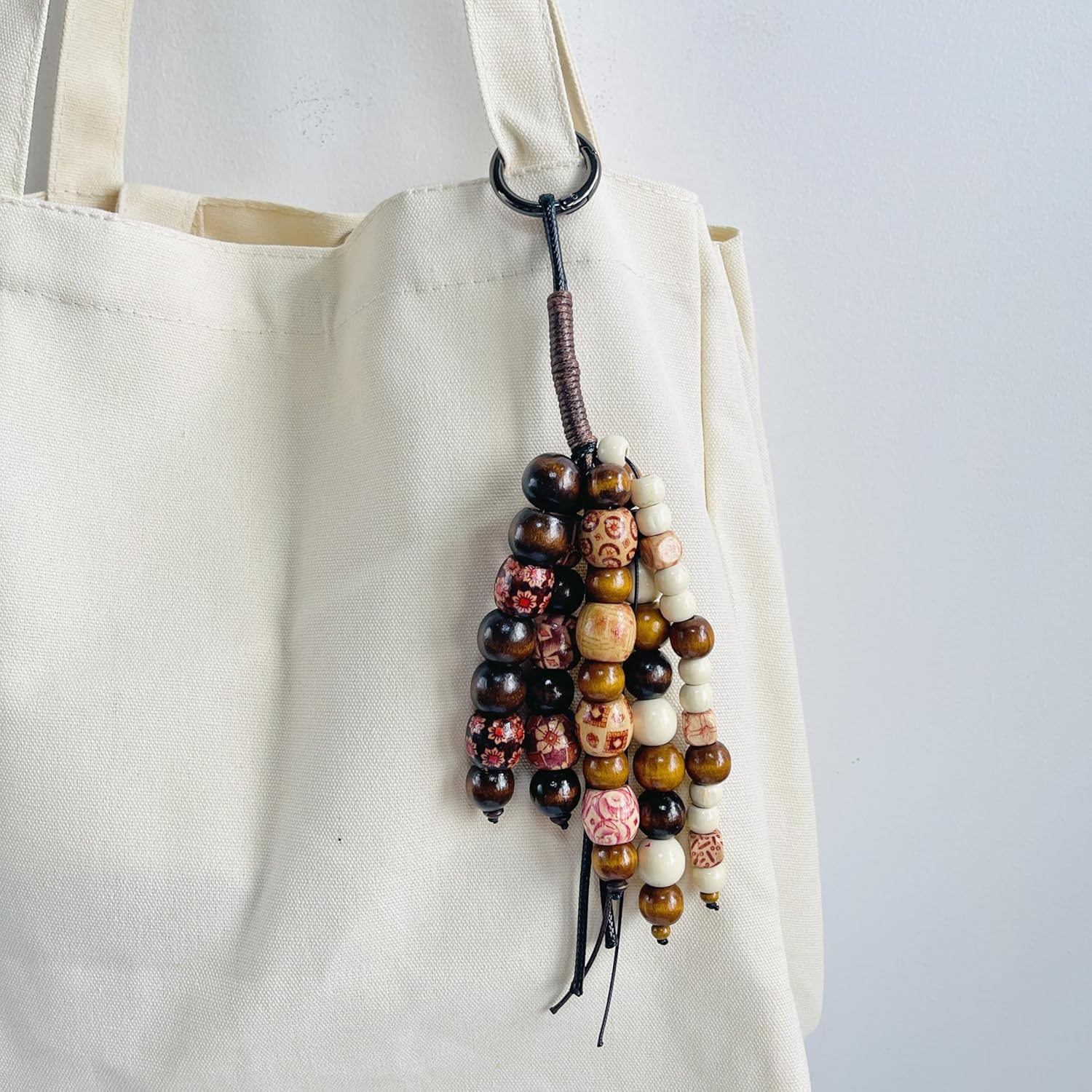 Artisanal Carved Wood Bead Keychain, Retro Bohemian Bag Charm, Handcrafted Unique Purse Accessory for Tote Bag - Image 5