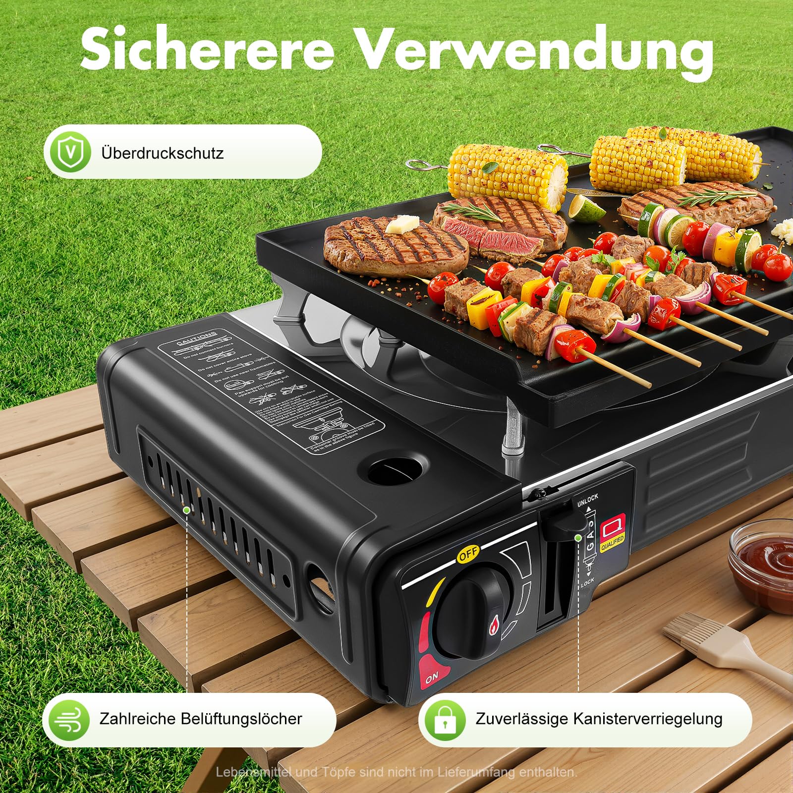 Gaskocher 2-Flammig Campingkocher mit Grillplatte 45x24 cm Gas Kochfeld für Outdoor und Innenräume Doppelbrenner mit Piezozündung für Balkon, Garten, Picknick und Grillen