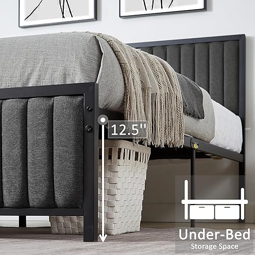 Miniatura 5 de VECELO Base de cama tamaño matrimonial con cabecera y estribo tapizados, plataforma de listones de acero resistente, no necesita somier, color gris