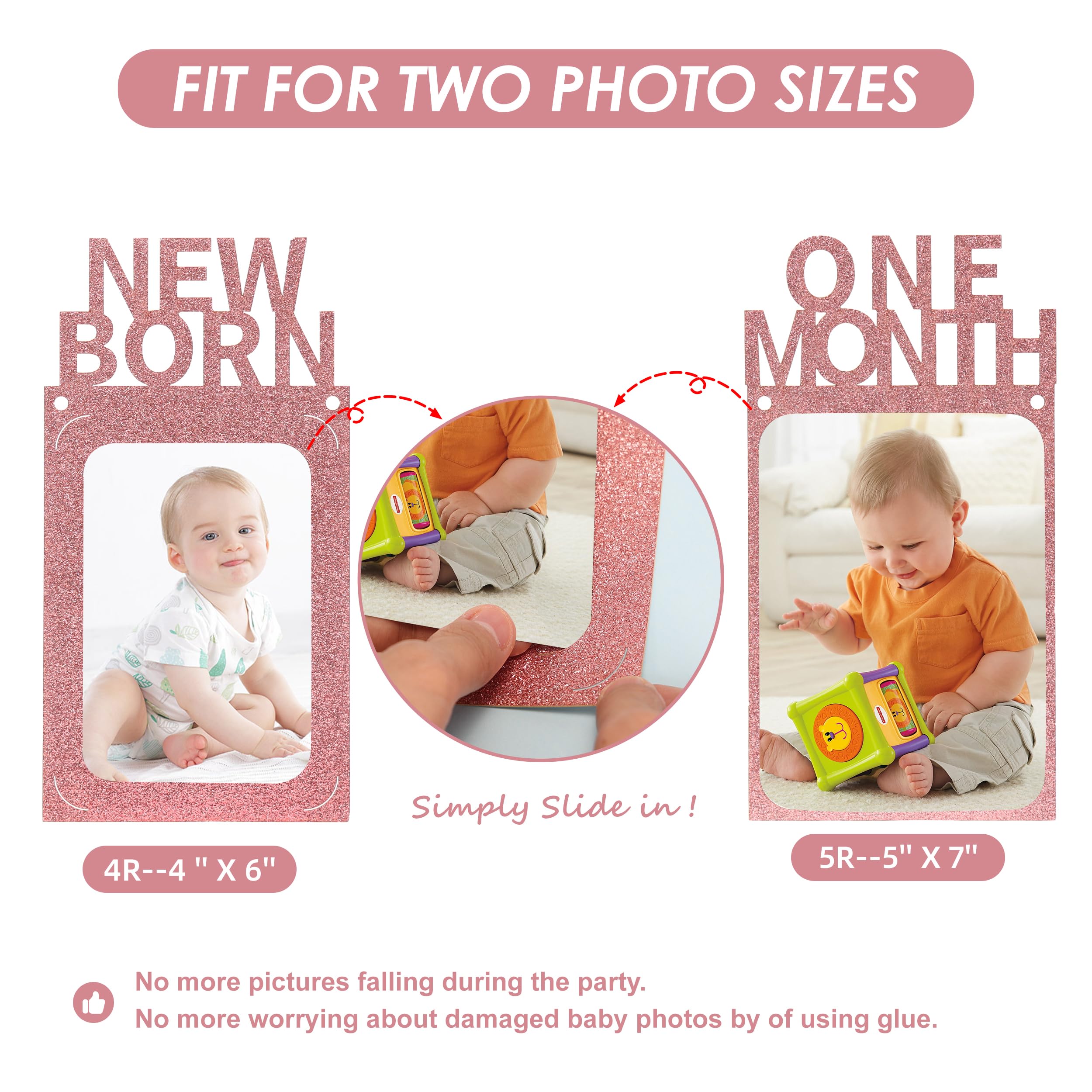 Crosize 4'' x 6'' or 5'' x 7'' 1st Birthday Photo Banner from Newborn to 12 Months, Boy or Girl Monthly Milestones Garland, One Year Old First Birthday Photo Banner Decorations with Frame (Rose Gold)