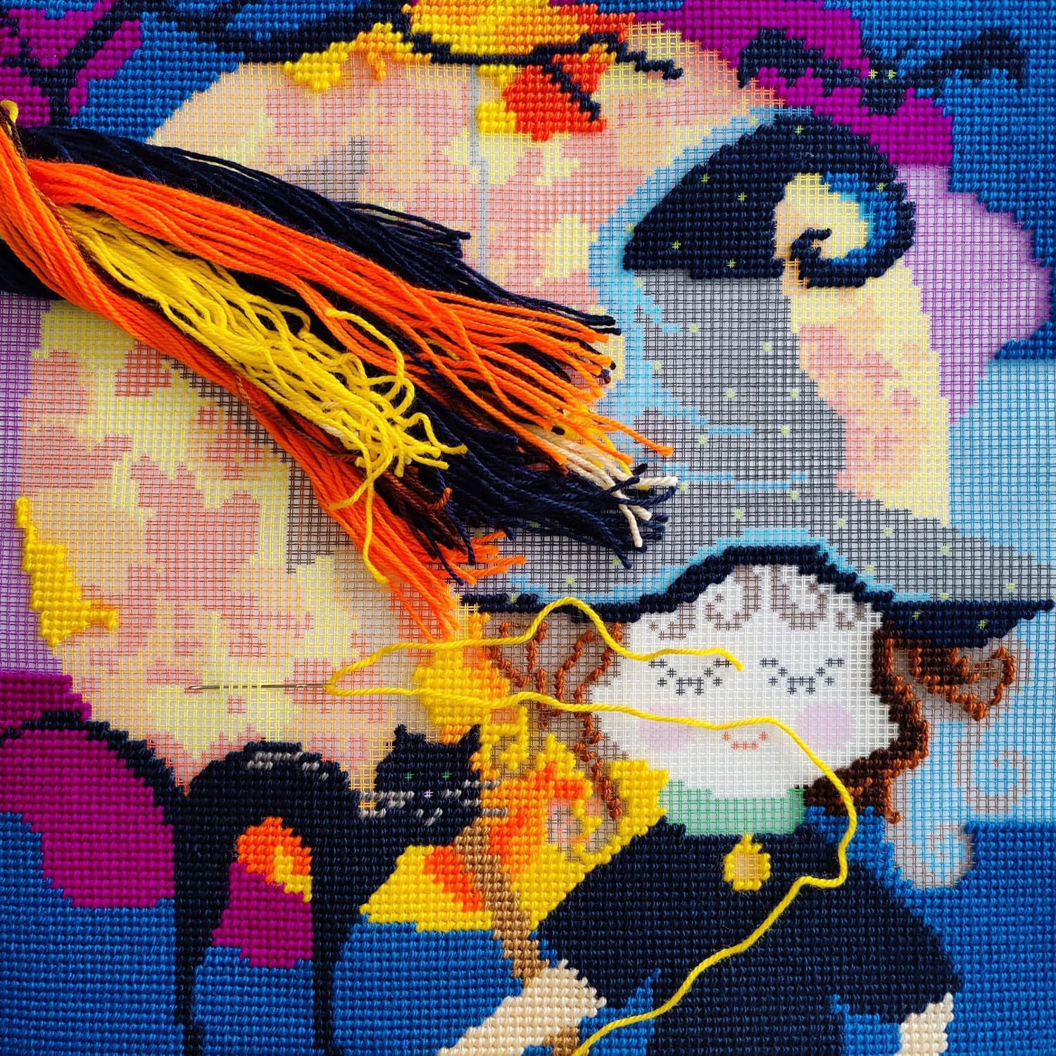 Brvsk Seasonal Embroidery Kit for Adults and Beginners — Halloween 16″ × 16″ with Clear, Precise Printed Design on Cotton Canvas; Includes 2 Needles, Yarn, and Easy-Read Chart