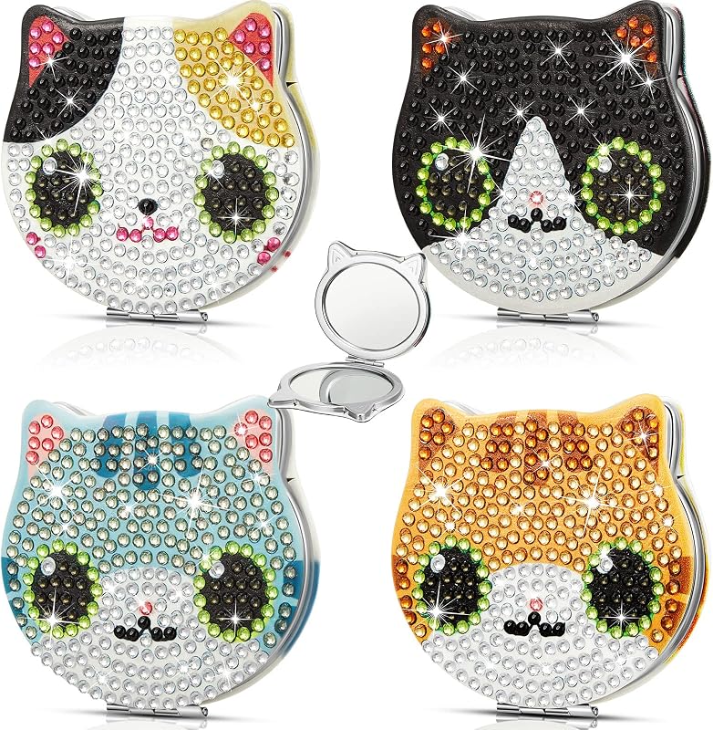 Marsui Conjunto com 4 Espelhos Compactos Dobráveis para Pintura com Diamantes, Tema Gato