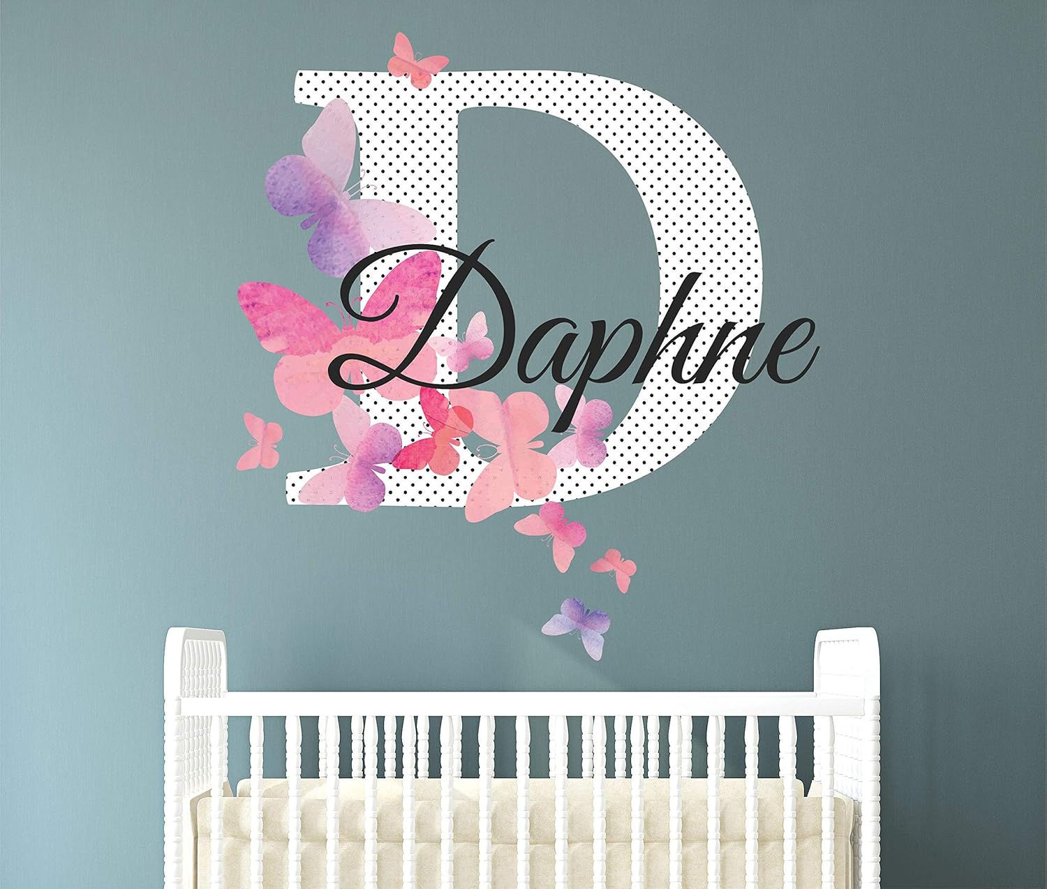 Girls Nursery Custom Name Personalized Watercolor Pink Butterfly Swirl and Polka Dot Initial Vinyl Wall Decal, Wall Decor Wall Stickers (X Large)