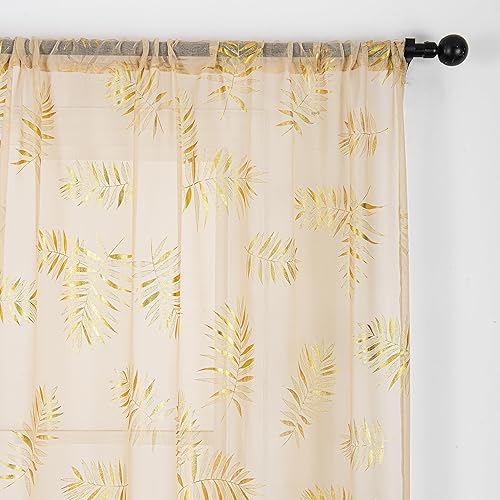 Miniatura 4 de Sutuo Home Juego de 2 paneles de cortinas traslúcidas color caqui de 96 pulgadas de largo, hojas tropicales bronceadas metálicas con estampado