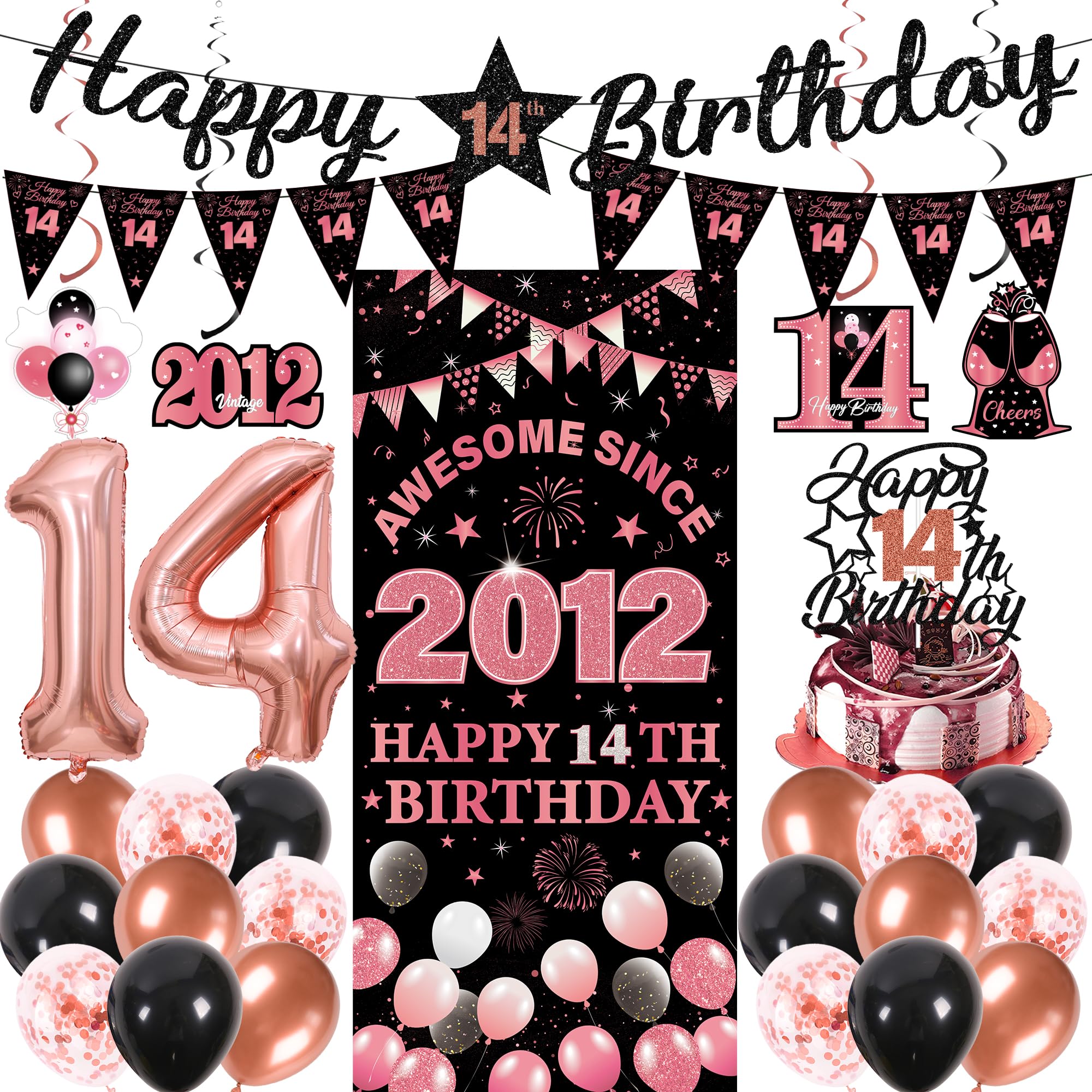 14th Birthday Decorations Girls Kit - 27 Pcs Black Rose Gold Happy 14th Birthday Banner Triangular Flag Hanging Swirls Backdrop Cake Topper 14 Balloon Set for 14 Years Old Party Decoration Supplies