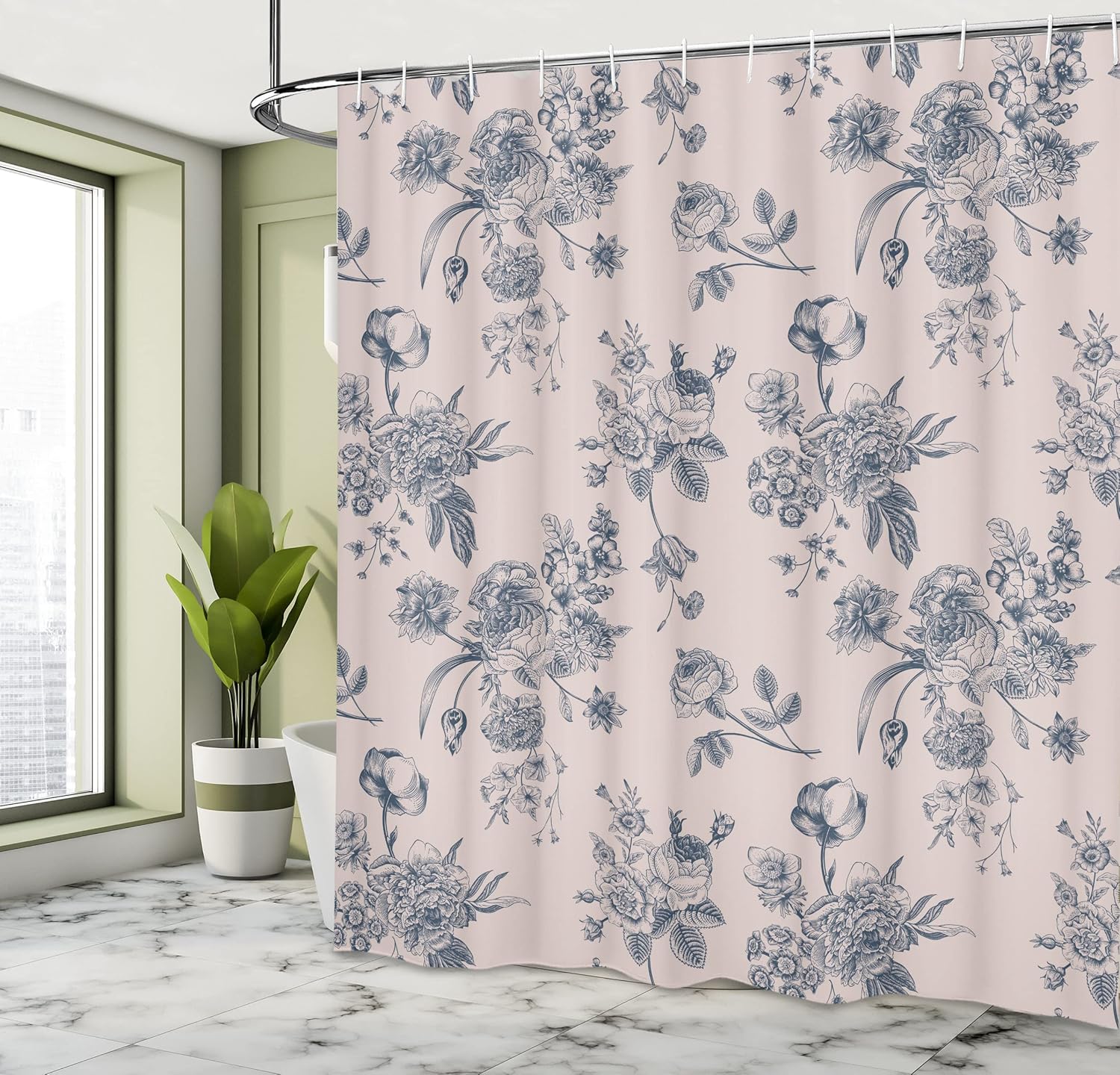 Ambesonne Botanical Shower Curtain, Vintage Floral Pattern Victorian Classic Royal Inspired Plants Modern Art, Cloth Fabric Bathroom Decor Set with Hooks, 69" W x 70" L, Slate Blue
