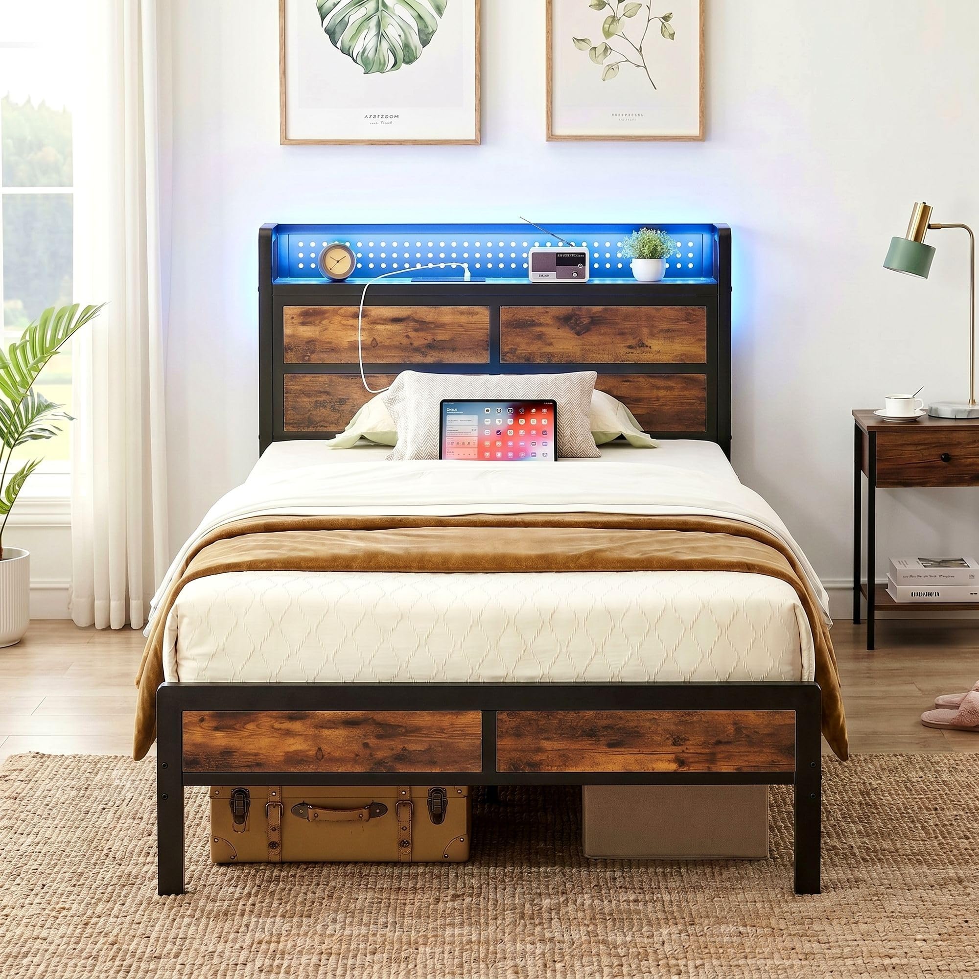 IRONCK Double Bed Frame with Storage Headboard & LED Lights, Platform Bed Frame Double with Charging Station, Metal Bed Frame, UnderBed Storage/Mattress Foundation, Vintage Brown