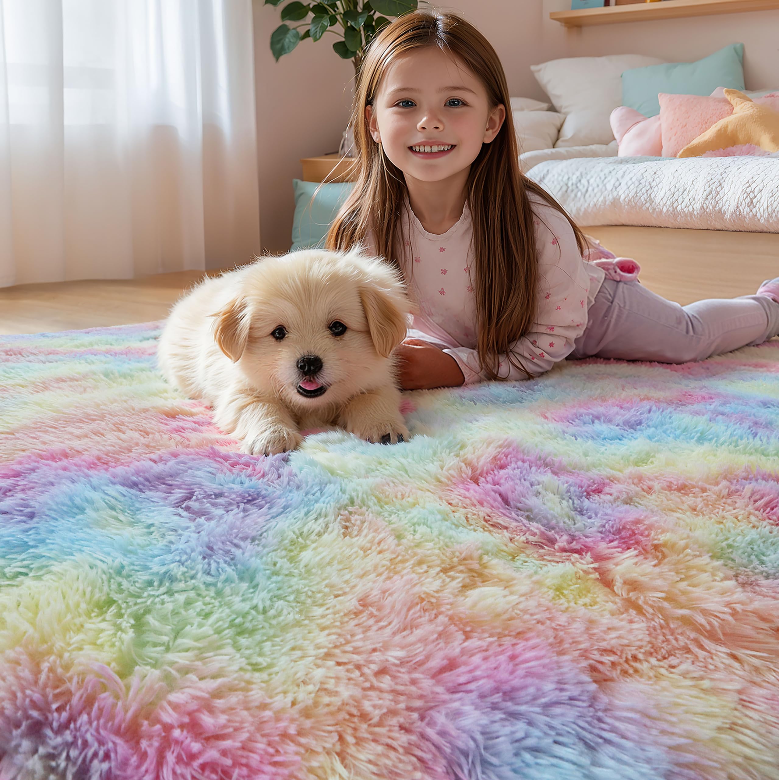 Best Area Rugs for a Child's Room in 2026 1 KICHOWUA Washable 4x6 Rainbow Fluffy Shag Rug for Girls Bedroom Kids Playroom — product photo
