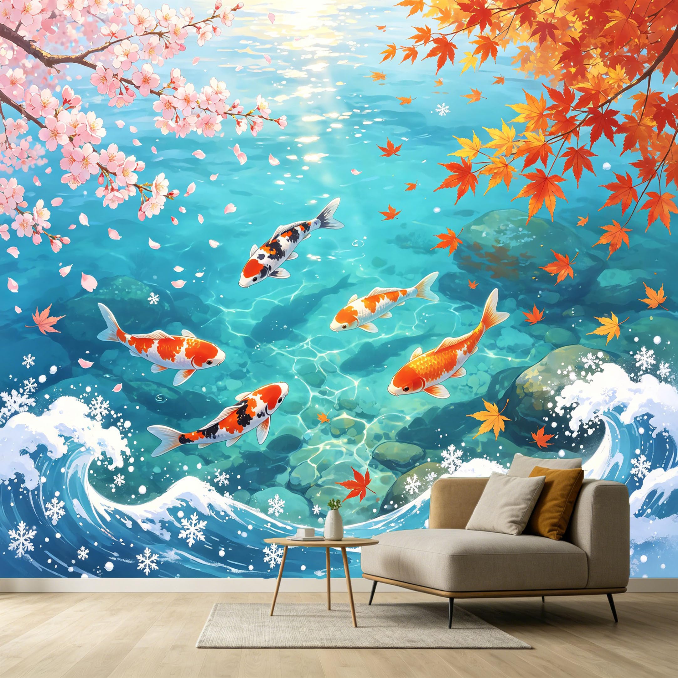 Custom Size Wall Murals Koi Fish Pond Botanical Watercolor Maple Cherry Blossom SelfAdhesive Wall Fabric Removable Large Wallpaper for Photo Living Room