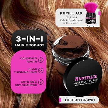 Rootflage Temporary Root Touch Up (Medium Brown) Refill Jar, Hair Filler, Hair Concealer