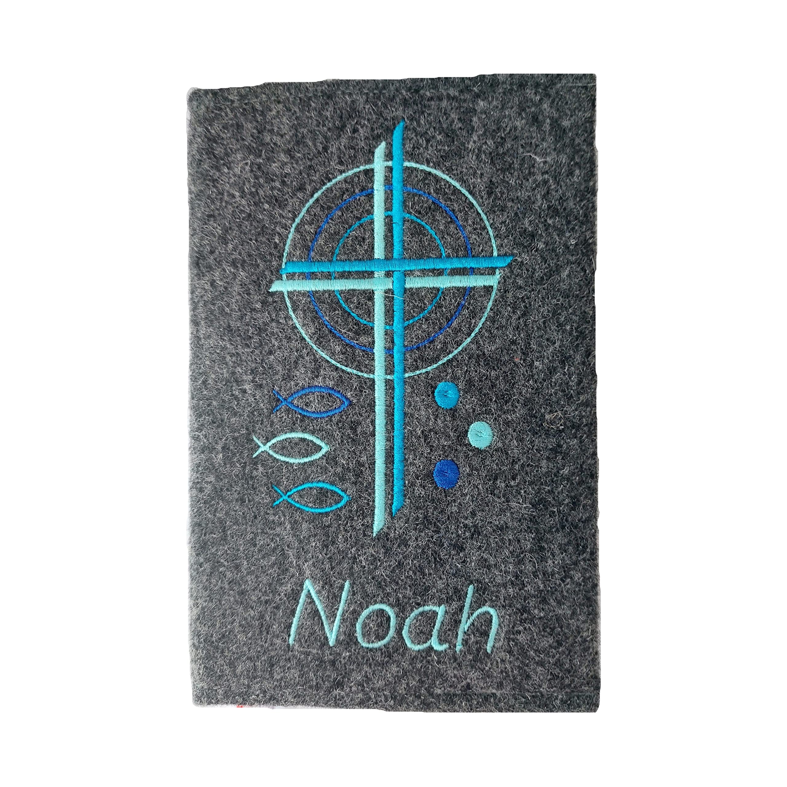 Personalisierte Gotteslob-Hülle Kreuz Kirche Fische Kommunion Name dunkelgrauer Wollfilz türkis,hellblau,royalblau -Blautöne