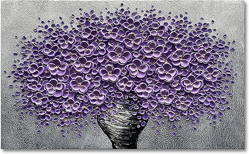 Epicler art Pintura al óleo decorativa de flores 3D moradas pintadas a mano, arte de pared decorativo de pared de flores, arte moderno, sala de