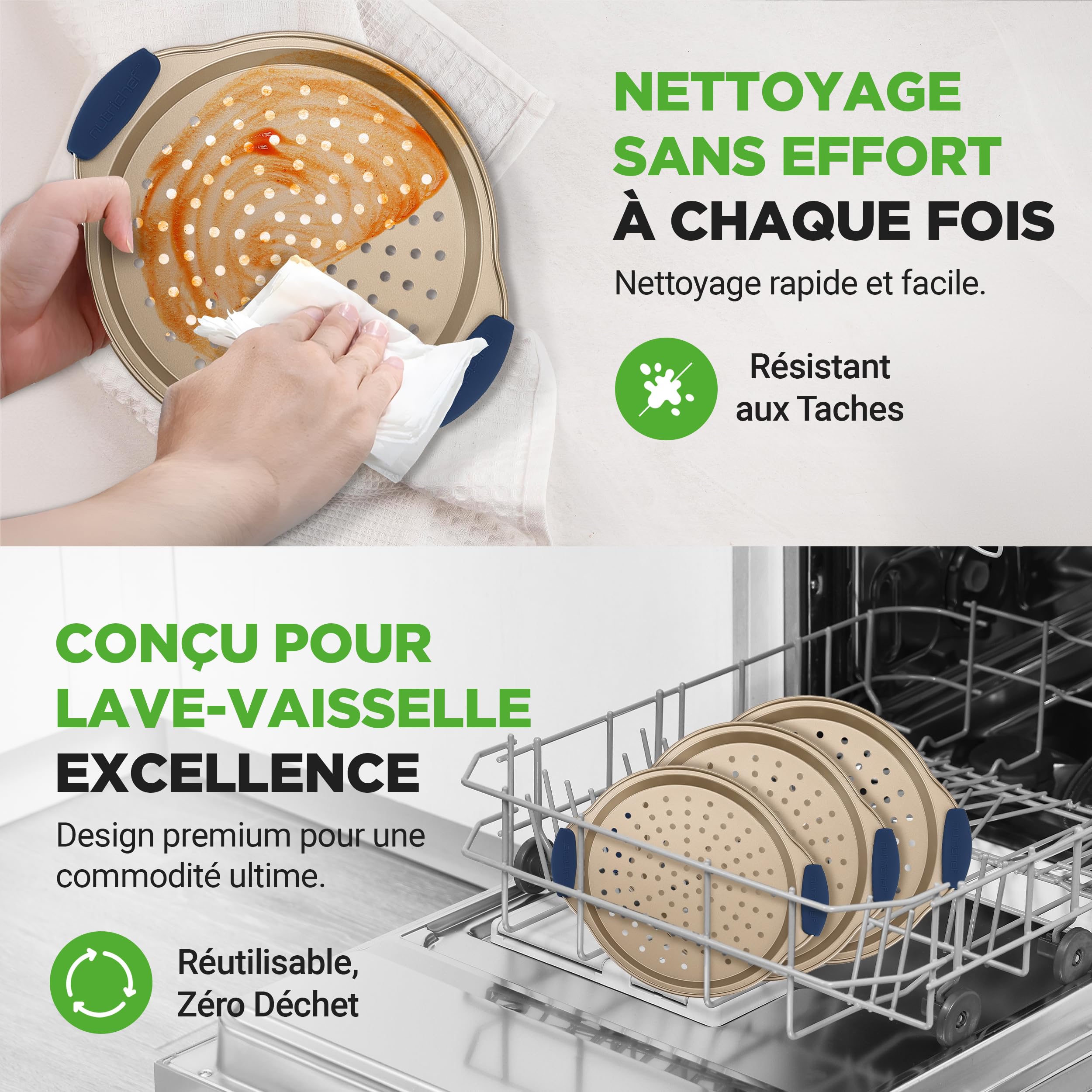 NutriChef Set de 3 Plaques à Pizza - Moules à Pizza Antiadhésif avec Poignée en Silicone avec Trous Perforés - Acier Carbone Durable - Tailles Petit, Moyen, Grand - Doré, Gold