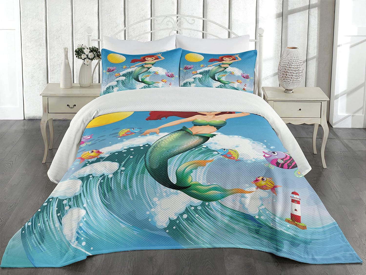 Ambesonne Mermaid Coverlet, Illustration Little Girl on top of a Big Wave in The Surf Fish, 3 Piece Decorative Quilted Bedspread Set with 2 Pillow Shams, Twin Size, White Grey