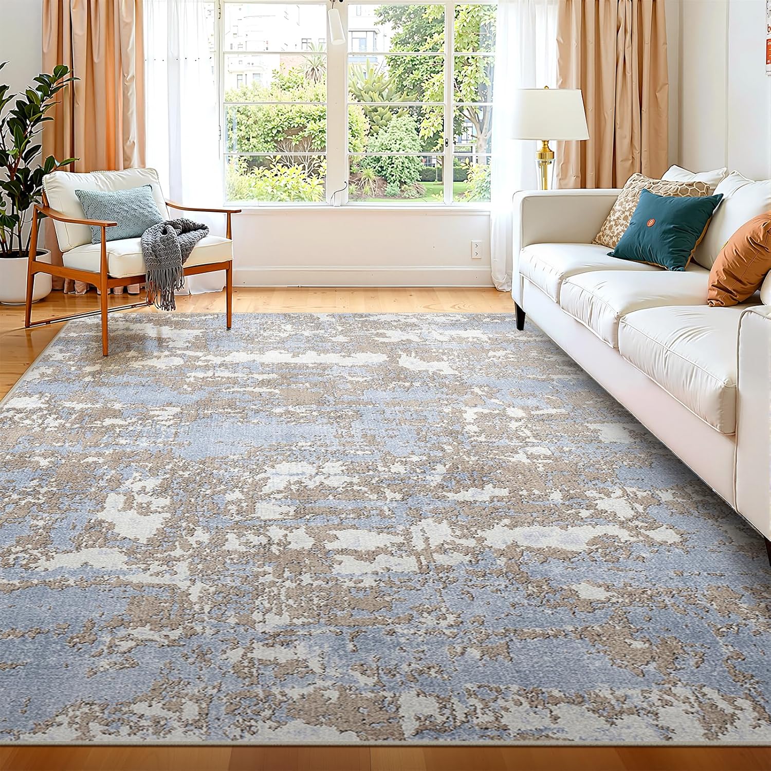 WITSHOCK Abstract Dining Room Rugs for Under Table: 7x9 Washable Blue Area Rug for Living Room, Low Pile Non-Slip Rugs for Bedroom Under Bed - Neutral Modern Decor & Stain Resistance - Blue/Multi 7' x 9' (Rectangular) Blue Brown