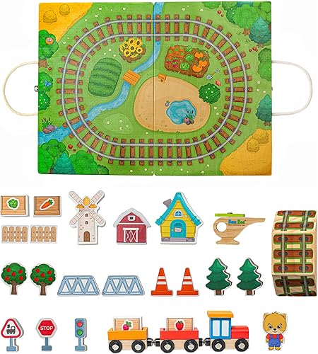 Bimi Boo Juego de ferrocarril de madera para niños de 3 a 5 años en adelante, kit de tren magnético para juegos de simulación, incluye (26 piezas