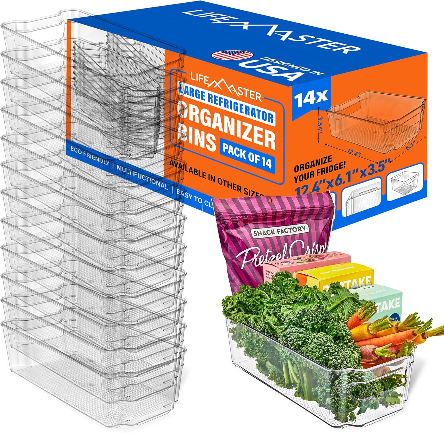Lifemaster 14-Piece Stackable Refrigerator Bin Organizer Set with Easy Grip Handles - Clear Multi-Purpose Storage Bins for Fridge and Pantry Use