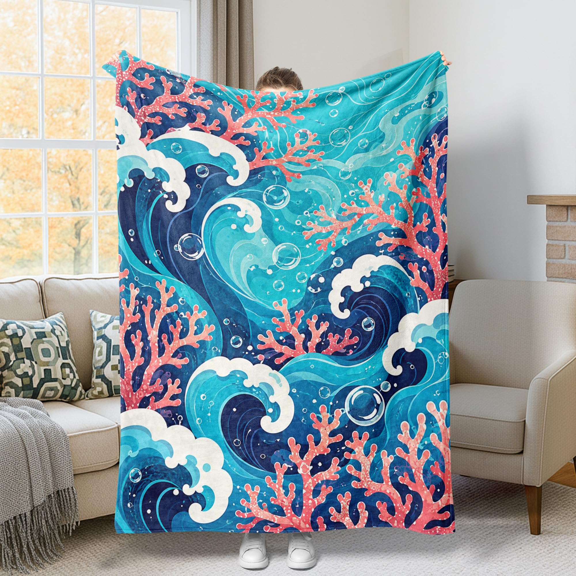 Couverture flanelle vagues turquoise douce et légère déco salon