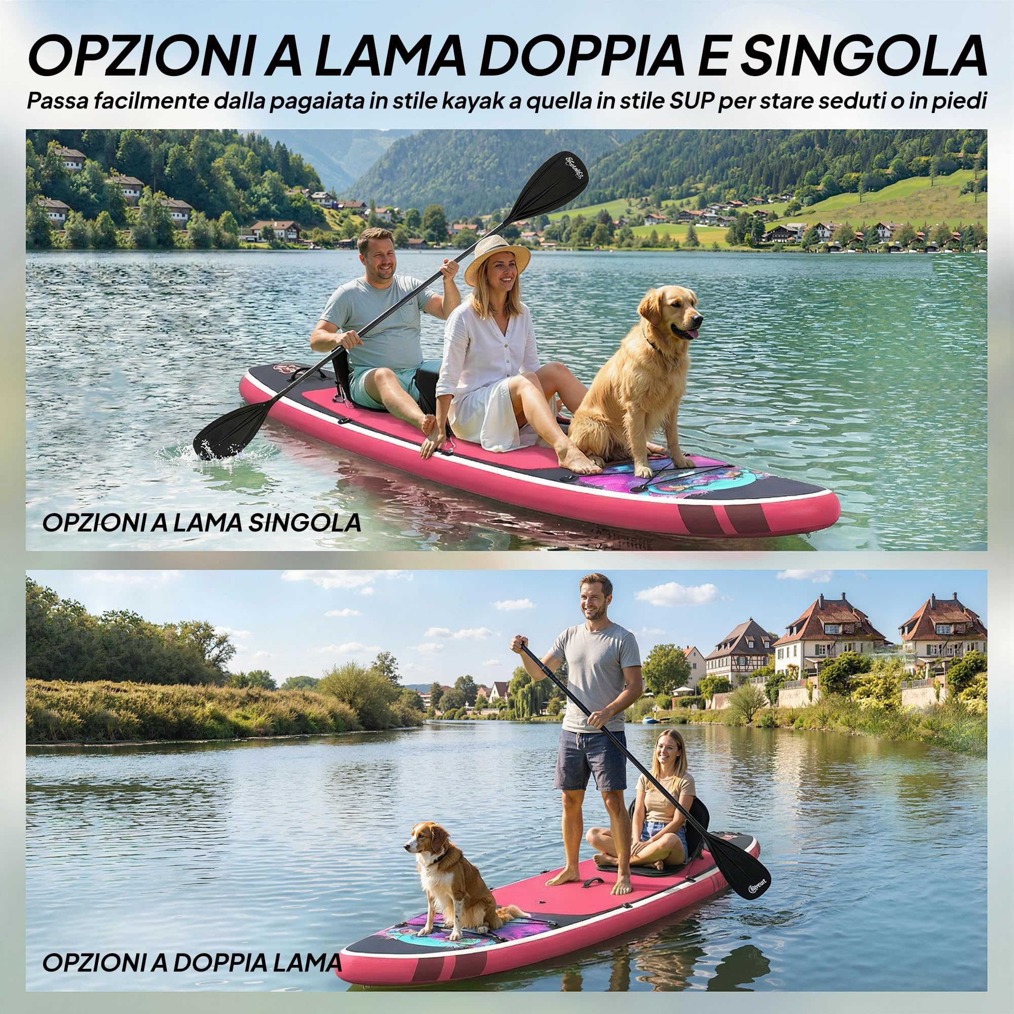 Outsunny Tavola Sup Gonfiabile Adulti, 335 cm Extra-Lunga Stand Up Paddle Board con Sedile, Pagaia Convertibile, Ponte Antiscivolo, Zaino, Pompa, 3 Pinne, Custodia Telefono Impermeabile, Carico 180kg