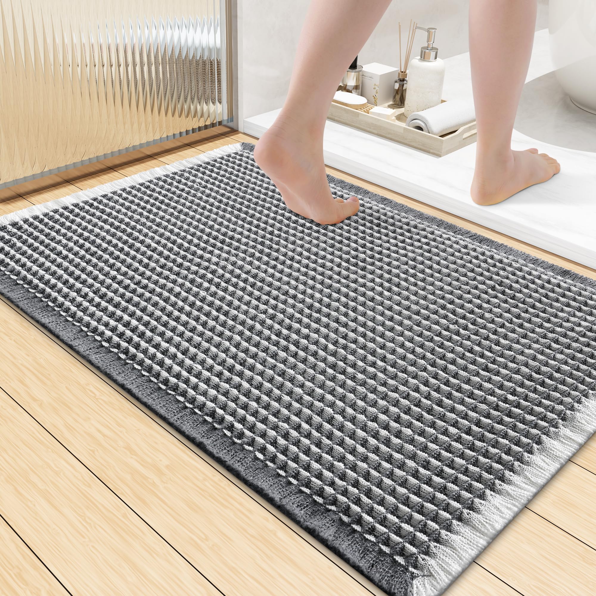 Smiry Waffle Bath Mat 36X24, Soft Absorbent Bathroom Rug, Darkgrey &amp; Cream