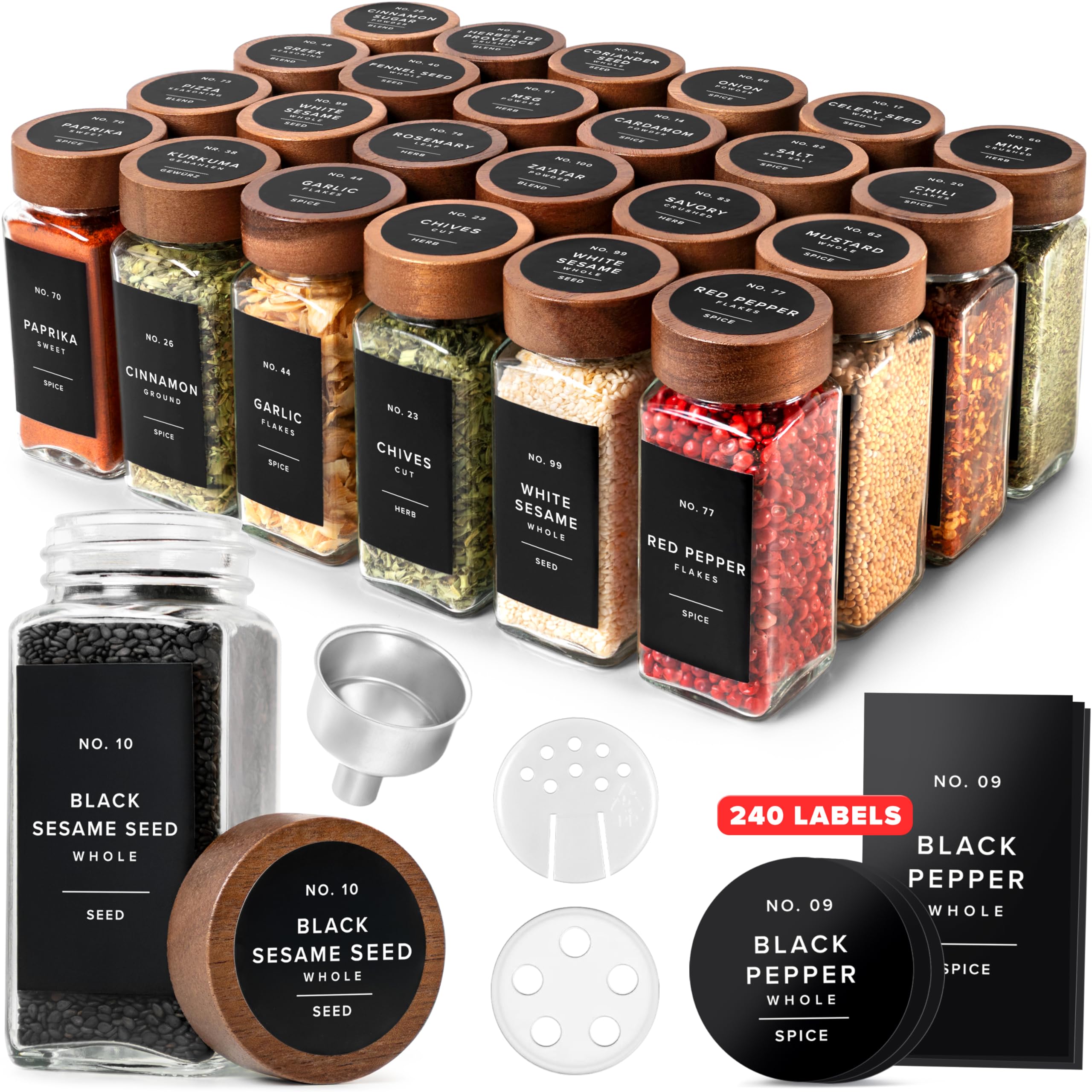 Photo 1 of EDELHAUS Glass Spice Jars with Label, 24x Acacia Wooden Lids - Black Labels