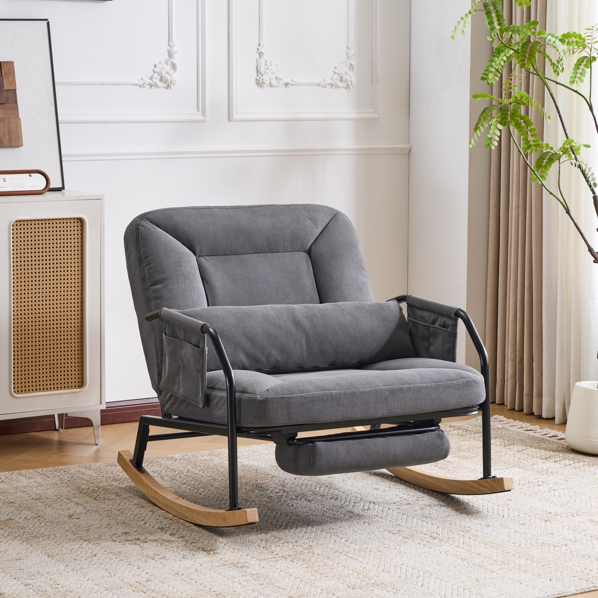 Mecedora Glider con reposapiés, cojín acolchado, respaldo ajustable, interior/exterior, salón, dormitorio, balcón, porche, pana, gris