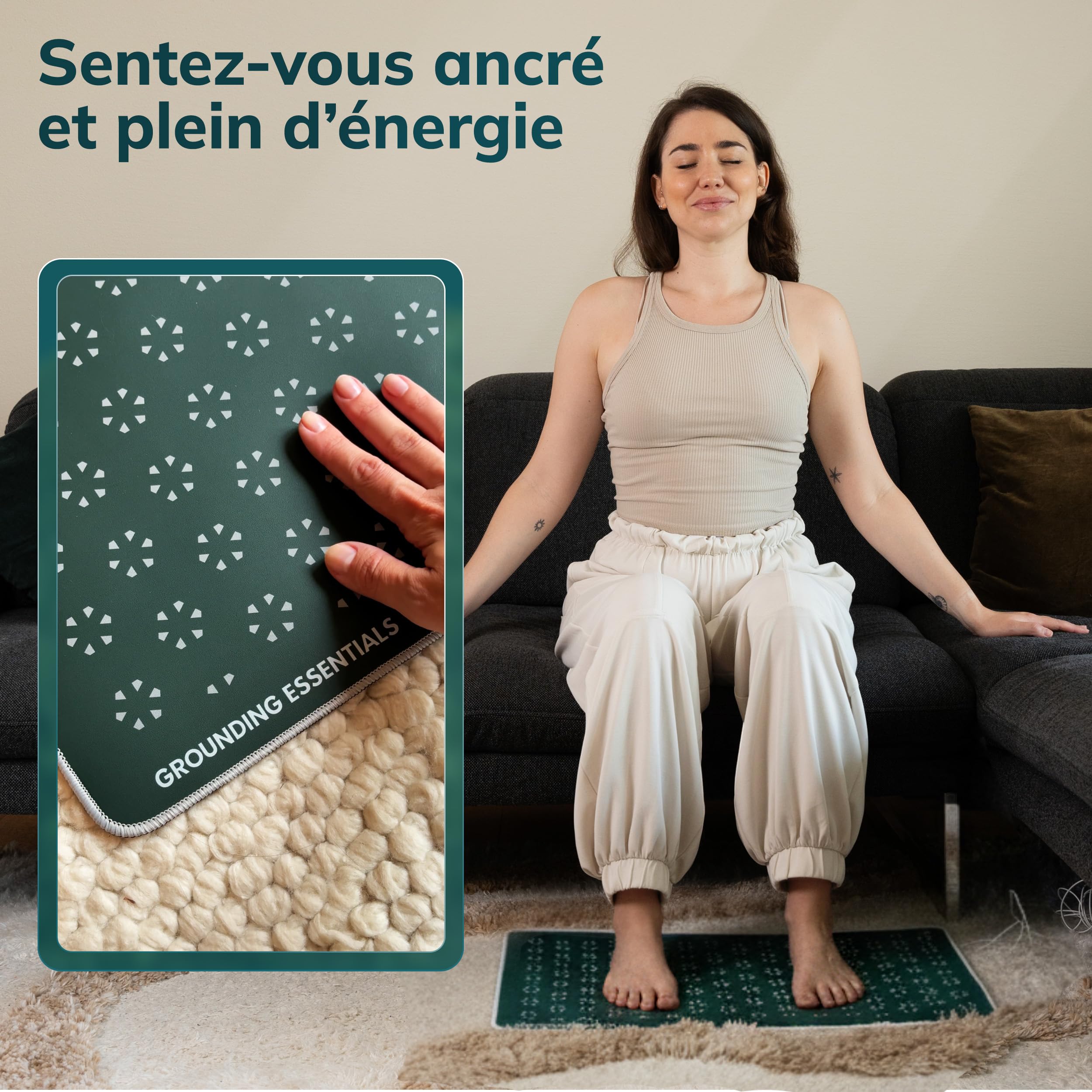 Tapis de Mise à la Terre 40x60 cm – Midnight Moss – avec câble & Prise EU – 12 Fils de cuivre, résistance 98Ω – Cuir PU Vegan, Base antidérapante – Bien-être Sommeil Détente