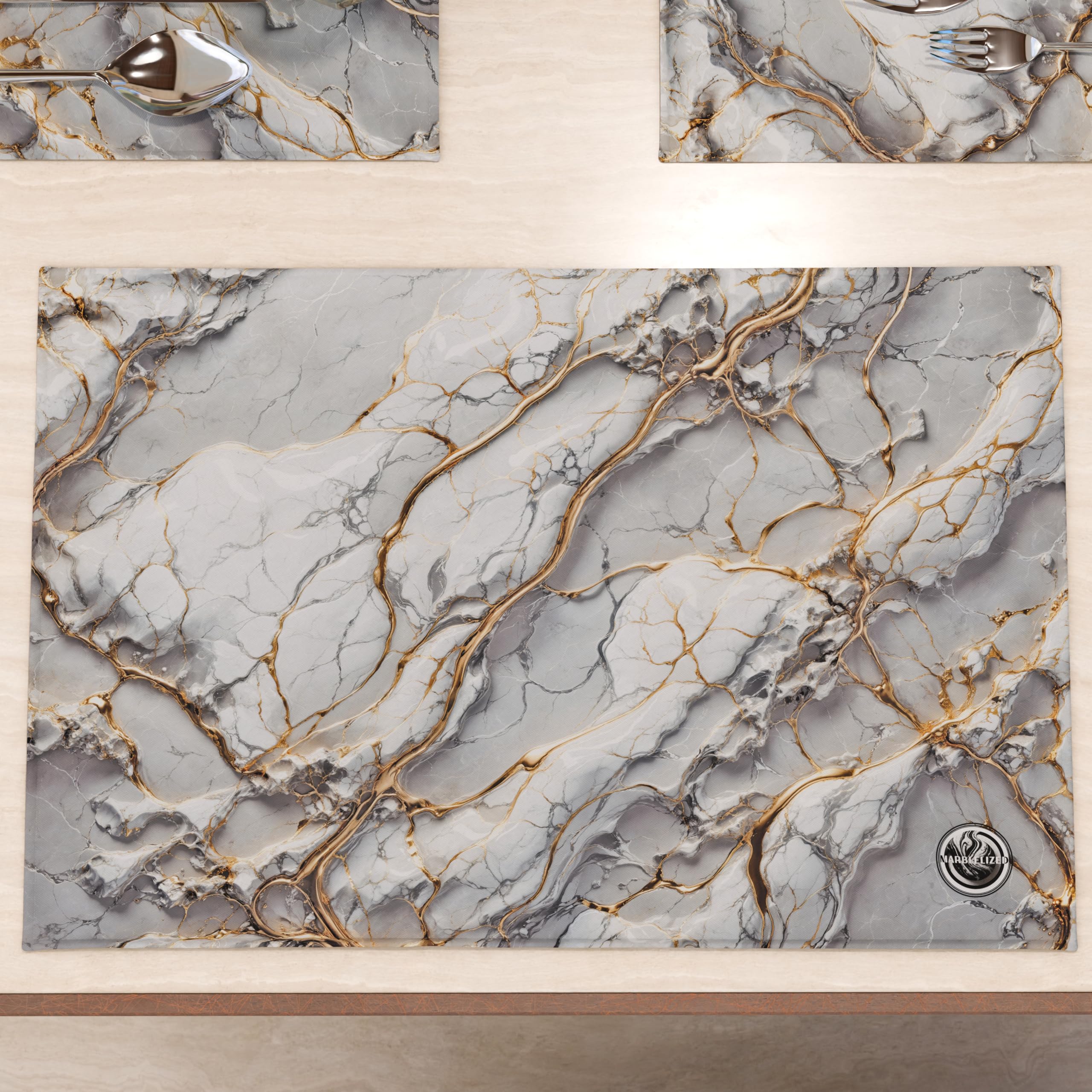 MARBLELIZED, Washable American Placemats, Light Grey Marble Effect Fabric Placemats, Set of 2 (30 x 45 cm), Elegant