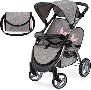 Bayer Twin Star Doll Stroller, Foldable Sibling Pram for 2 Dolls, Grey | Adjustable handle fits dolls up to 18 in, includes matching shoulder bag and integrated safety belts for role-play
