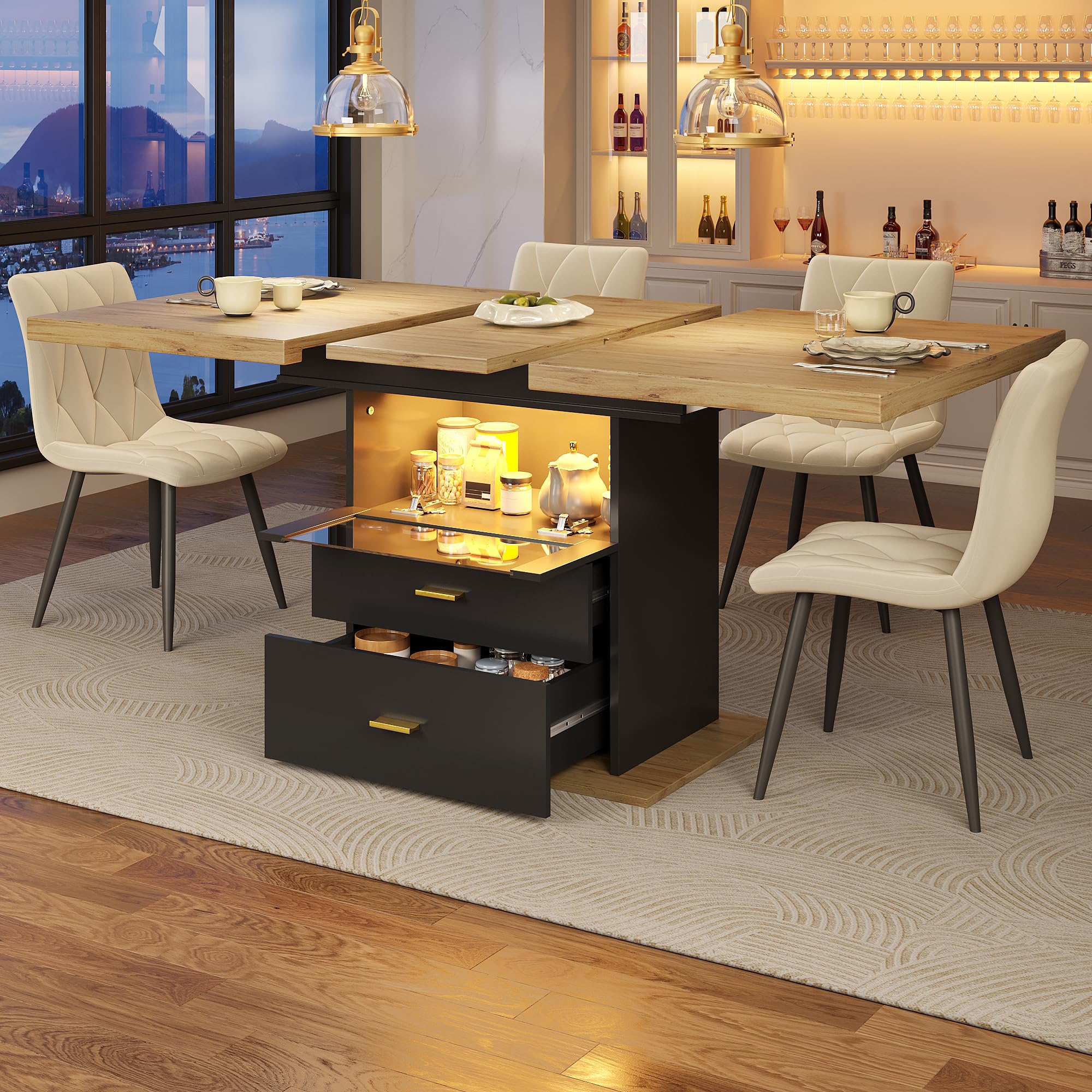 Tavolo da pranzo allungabile, 110-140 cm, con illuminazione a LED, cassetti, effetto legno, nero, stabile, per 6 persone