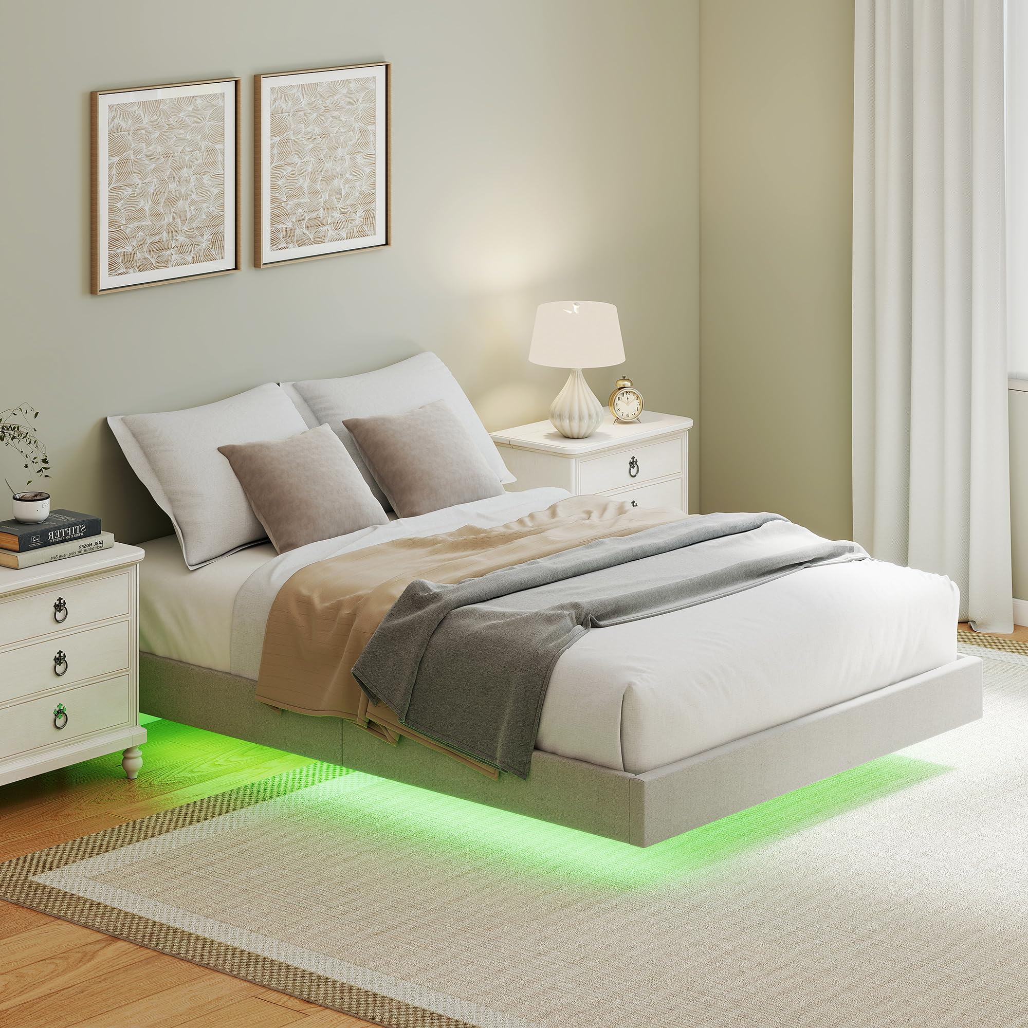 Lit Flottant 140x190 Avec LEDs Et Prises USB - Cadre Blanc Avec Rangement Et Etagères - Sans Matelas