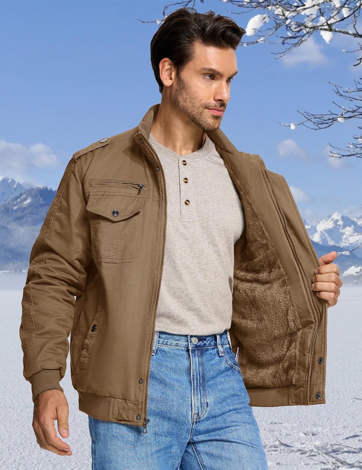 CRYSULLY Men's Fleece Cargo Jacket Winter Casual Thicken Multi Pocket Field Outwear Jackets Coat - Image 3