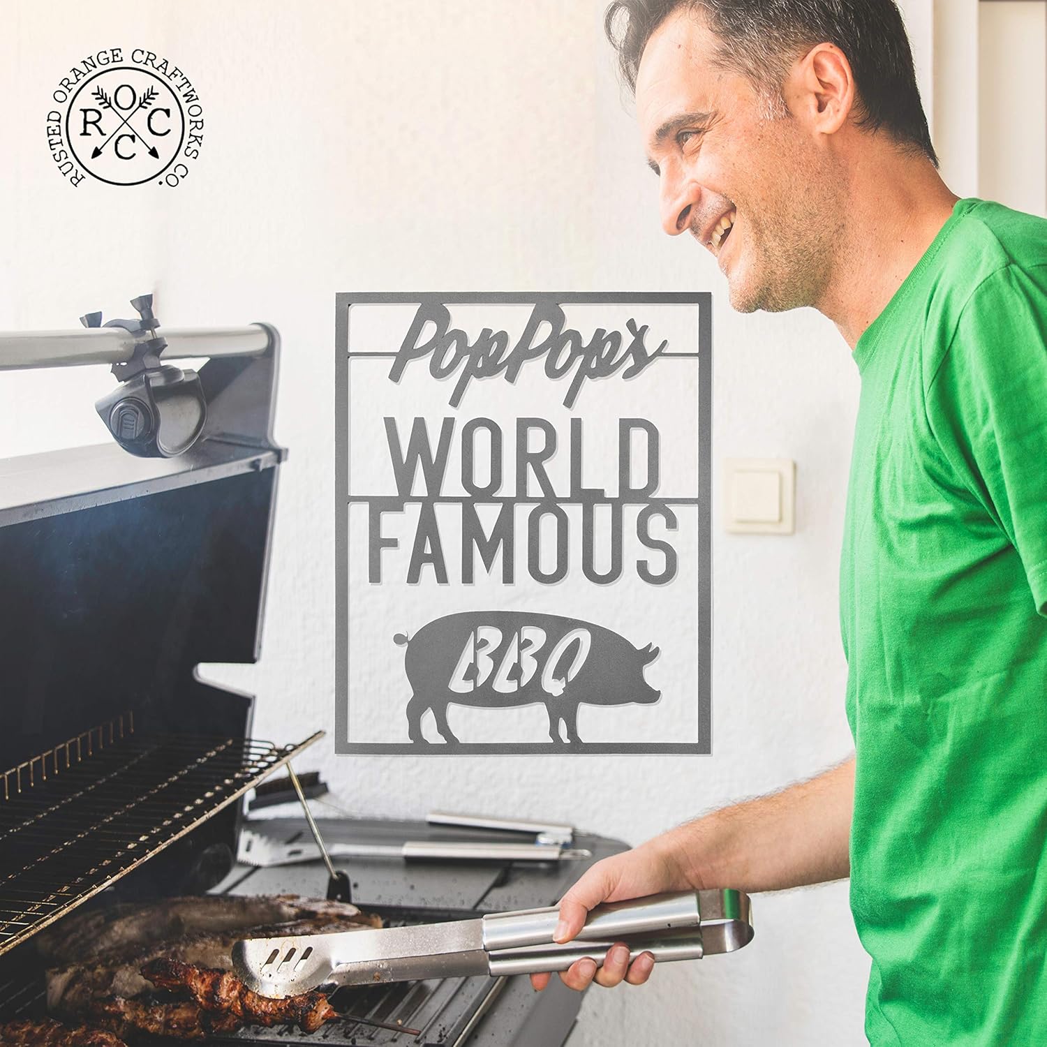 Rusted Orange Craftworks Co BBQ Sign | Personalized Outdoor Hanging World Famous Barbecue Signs - Kitchen, Patio or Garage - Gifts for The Home Cook… Chef (Pop Pop's World Famous BBQ)