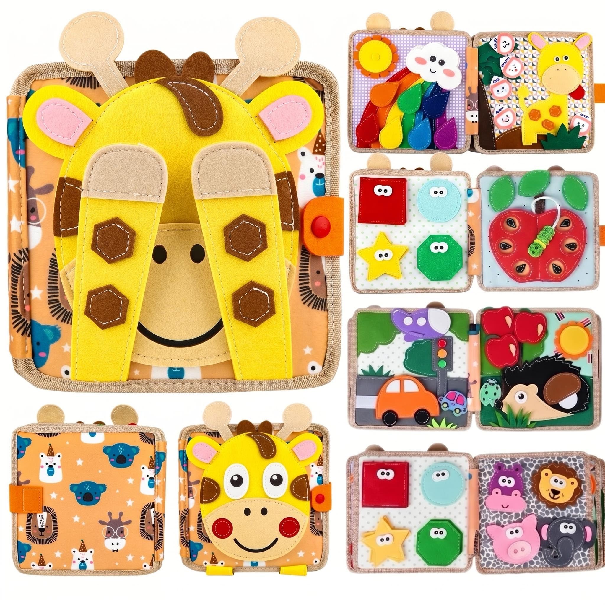 Giraffe Busy Book for Toddlers 3-5,Felt Quiet Book Sensory Learning Activity Books,Road Trip Toys for Toddlers Busy Board,Airplane Car Travel Toys, Gifts for Boys Girls 3