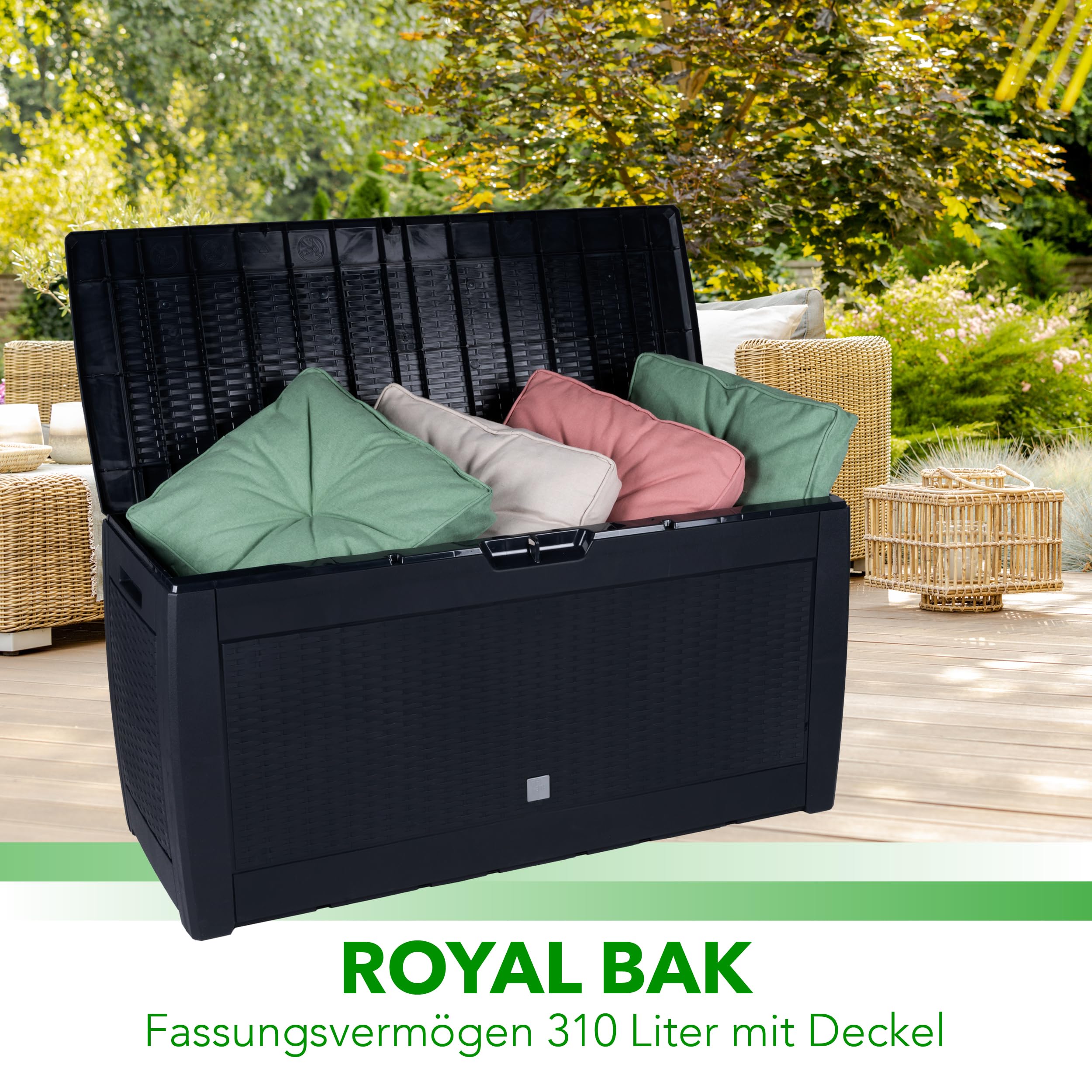 Lifetime Garden Aufbewahrungsbox mit Deckel, Gartenbox mit Rollen, Kunststoff Gartenschrank 310L, Auflagenbox Wasserdicht 119x48x60cm, Wasserdichte Gartenkissenbox, Schwarz