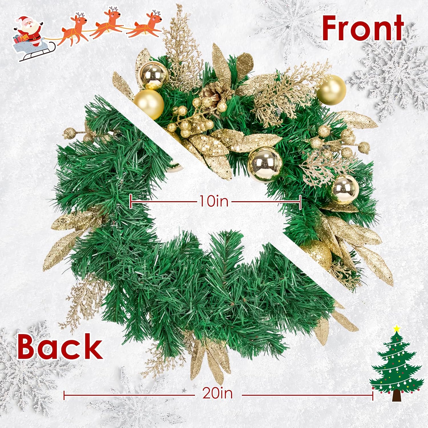 Christmas Wreaths for Front Door Outside Decor, 20" Golden Berries Leaves Pinecone Ball Ornaments Winter Artificial Wreath Decorations with Bow for Xmas Holiday Home Door Wall Fireplace Indoor Porch Wreaths 9