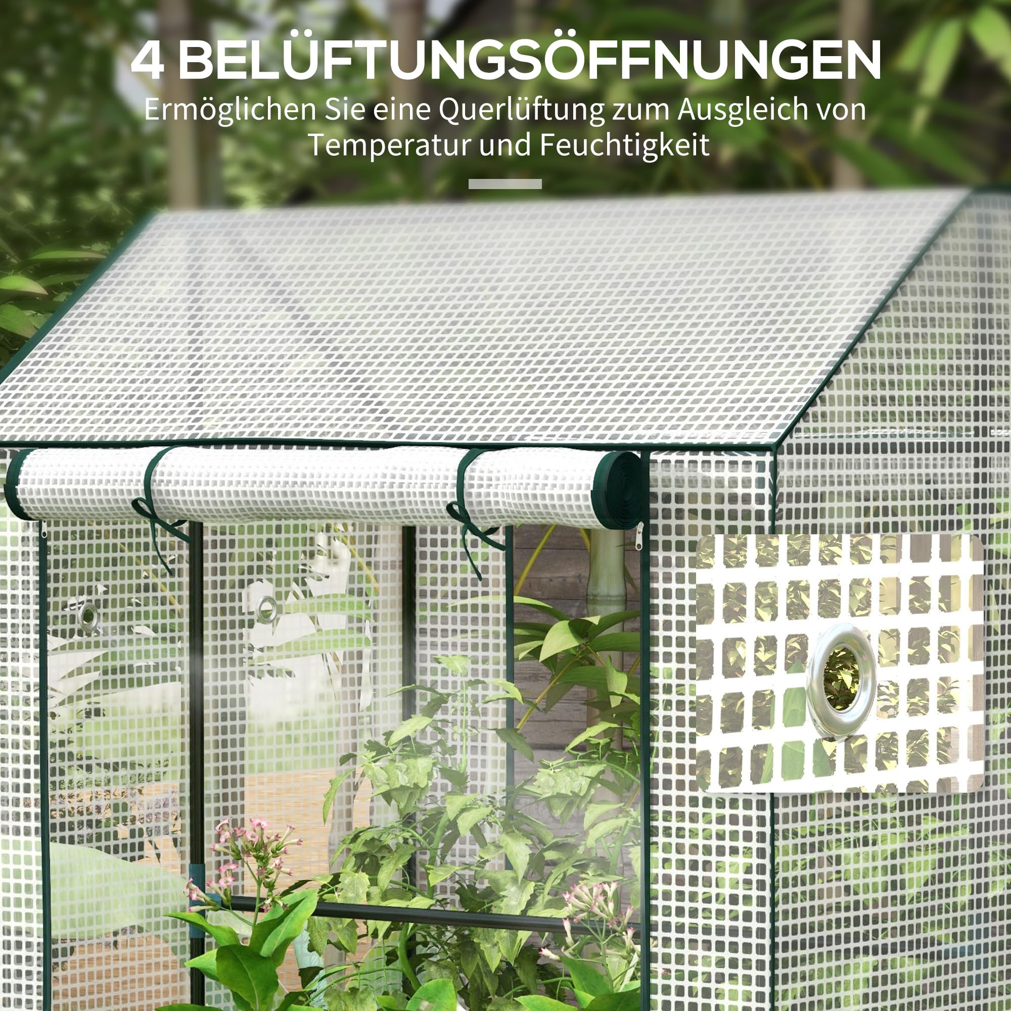 Outsunny Gewächshaus PE-Gitterfolie Aufrollbare Tür 100 x 80 x 150 Weiß