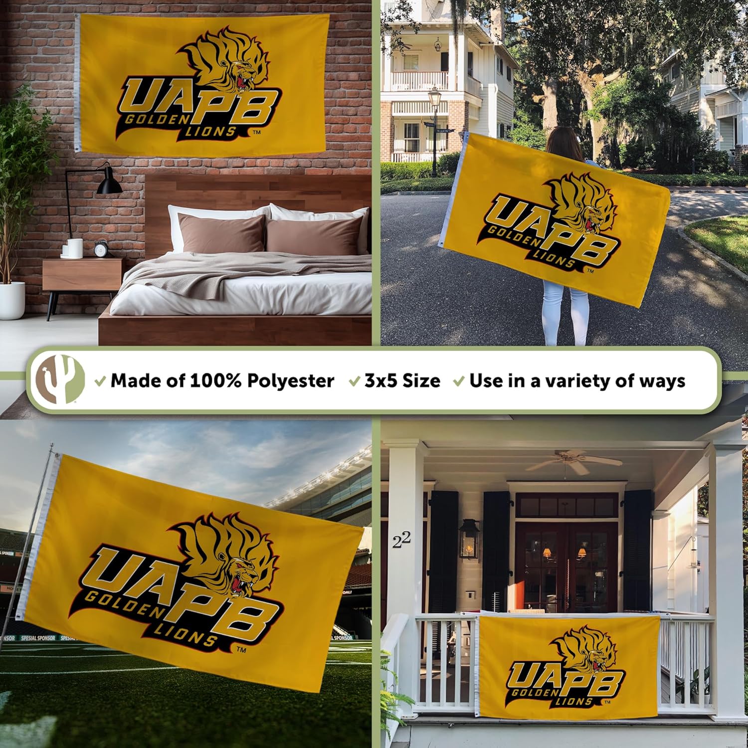 Desert Cactus University of Arkansas at Pine Bluff UAPB Flag - 3 x 5 Feet Golden Lions Banner, Indoor/Outdoor Durable Fabric, 100% Polyester Design (Style 1)