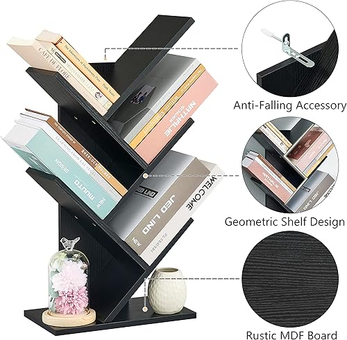 Miniatura 5 de Hoctieon Estantería de árbol de 4 niveles, estantería de 4 estantes, estantería de árbol de pie independiente, estante de pie para libros, estantes