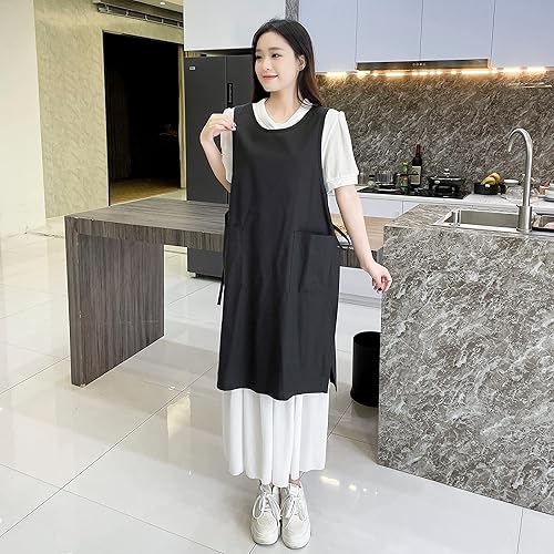 Miniatura 6 de Pinafore - Delantal japonés, de algodón y lino, con espalda cruzada para mujer, con bolsillos, vestido con lazos en la cintura